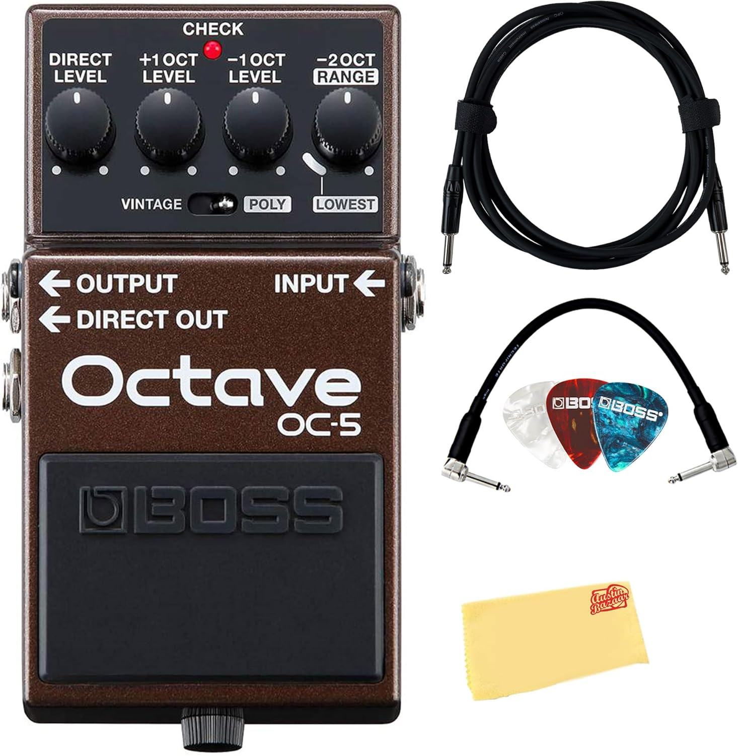 Boss OC-5 Octave Pedal Bundle with Gearlux Instrument Cable, Patch Cable, Picks, and Austin Bazaar Polishing Cloth