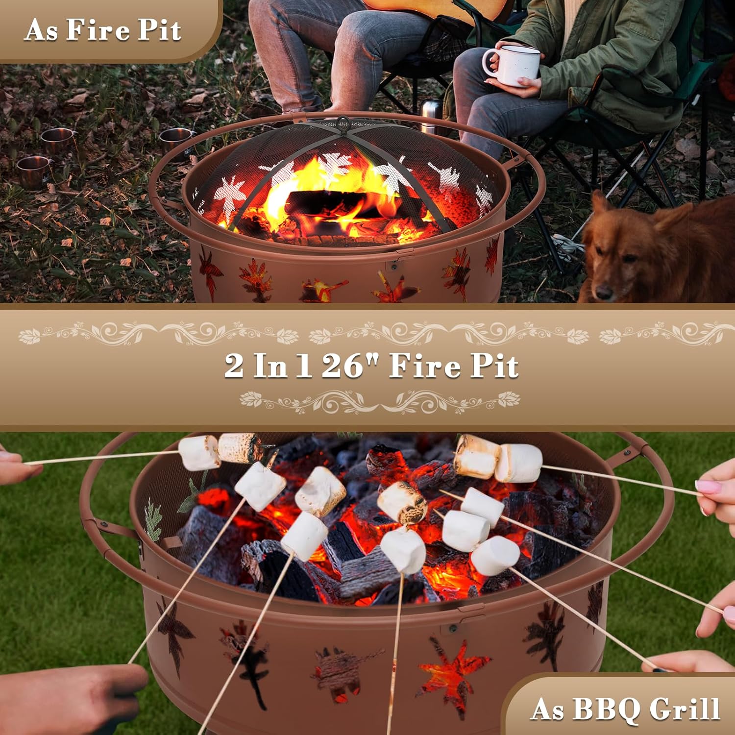 Athena Collection 32 in Fire Pit for Outside Large Wood Burning Firepit Leaf Pattern Iron Firepit Bowl Stove Round Outdoor Fireplace for Camping Heating BBQ Bonfire with Spark Screen Log Grate Poker