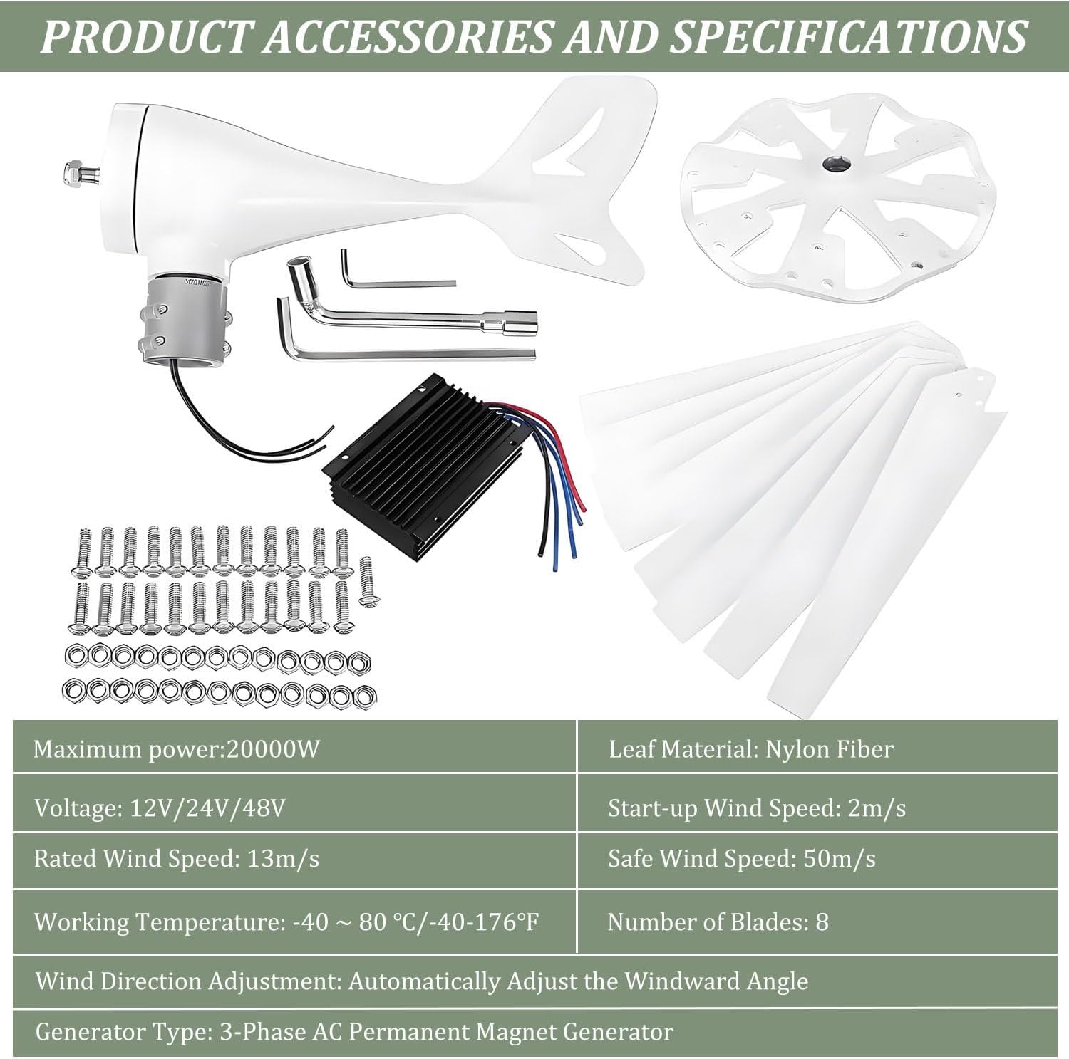 20000W Wind Turbine Generator Kit,8-Blade Windmill kit with Charge Controller,2M/S Start Wind Speed,8 Blade Outdoor Windmill Power Generator Kit,for Marine, RV, Home 12V-White
