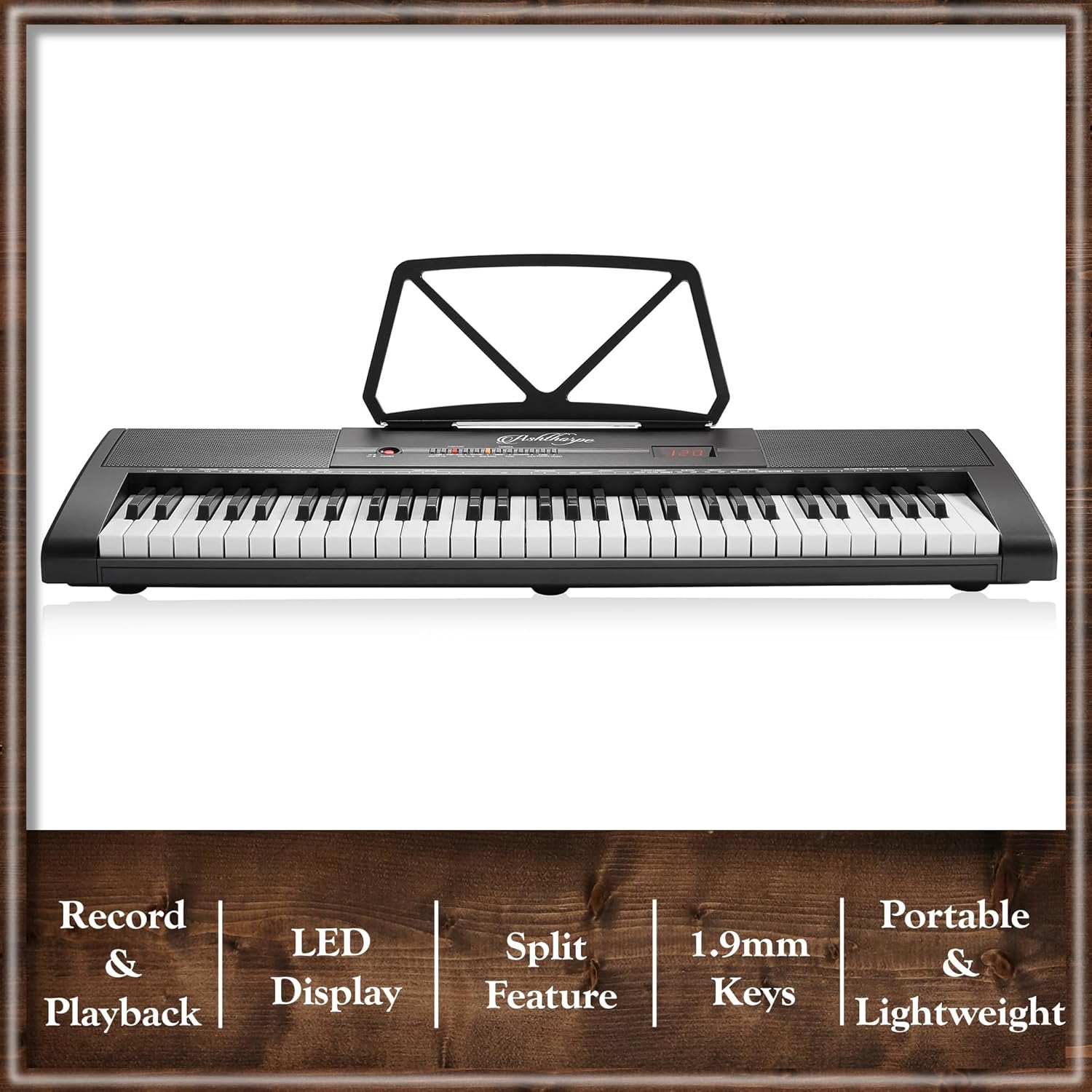 Ashthorpe 61-Key Digital Keyboard Piano with Stand and Bench, Portable Electronic Piano Keyboard Kit with Headphones, Microphone, Keynote Stickers