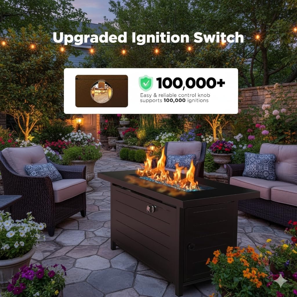 Ciays 43-Inch Propane Fire Pit Table with Glass Beads & Lid, CSA-Certified Gas Fire Pit with Cup Holders, Hanging Shelf & Nylon Cover, Outdoor Fire Pit for Patio & Deck, 60,000 BTU Heat Output