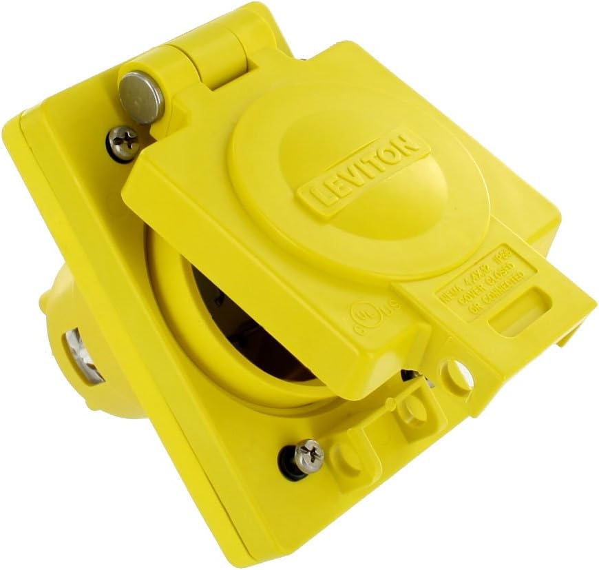 Leviton 66W49 IP66 Rated Cover, Corrosion Resistant, NEMA L7-20, Locking, 20A, 277V, 2P, 3W, Grounding, Wetguard Single Inlet, Yellow