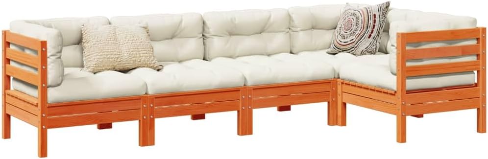 5-Piece Garden Sofa Set, Wax Brown Solid Pine Wood, Outdoor Patio Furniture with Cream Cushions, Modular Design for Terrace, Weather-Resistant