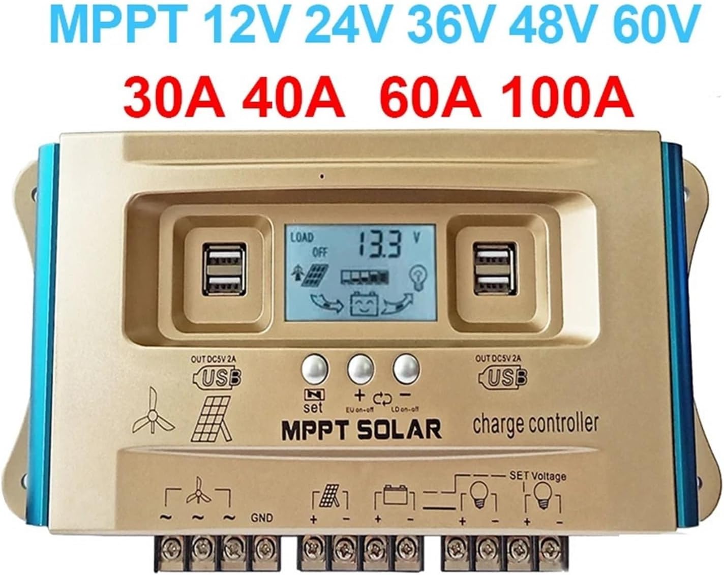Solar Controller, 40A 60A 100A Wind Solar Hybrid Char Controller Dual USB Wind-Solar System MPPT Regulator(60A)