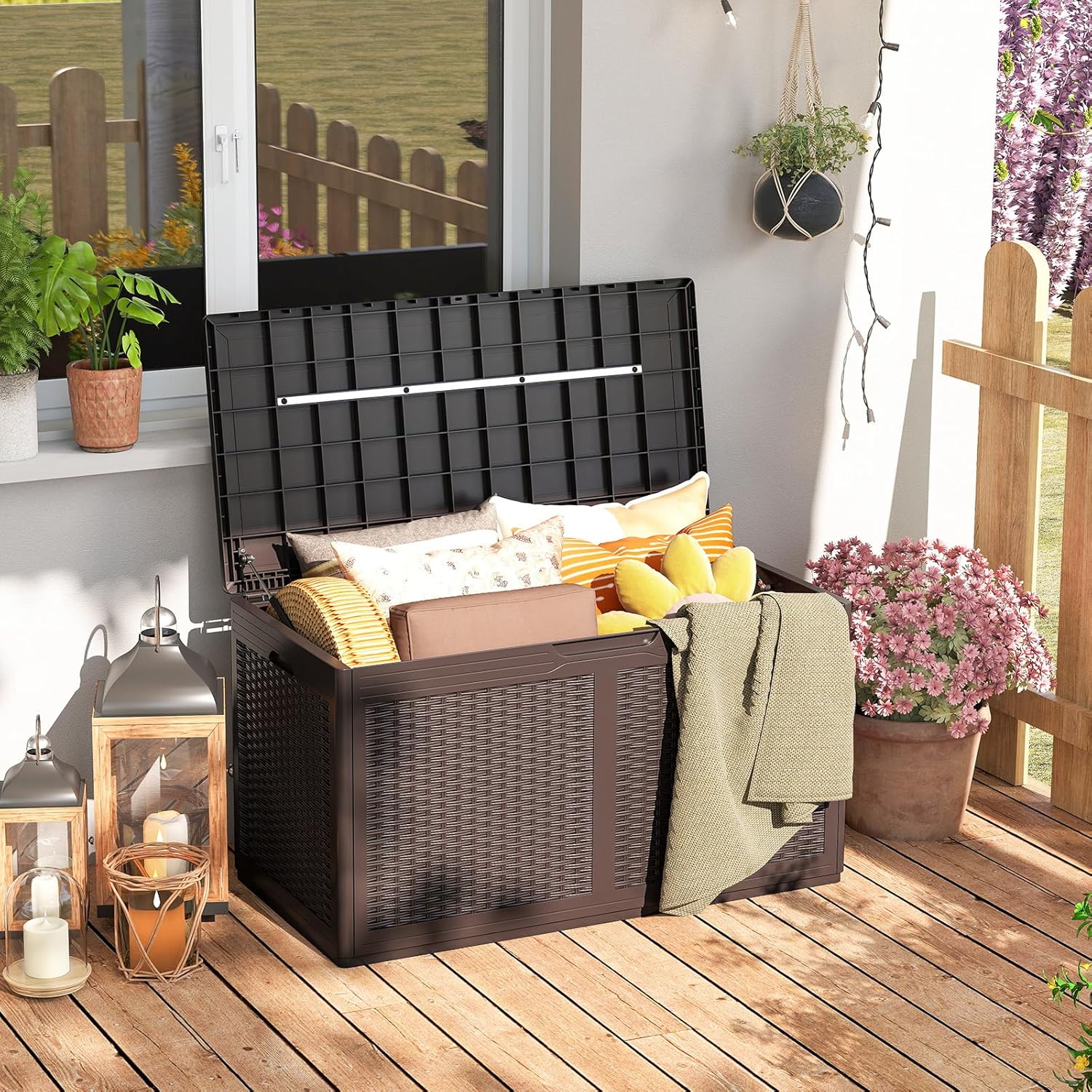 Moccha 100-Gallon Outdoor Storage Box - Waterproof Resin Deck Box with Lockable Lid & Wheels, Faux Rattan Outdoor Storage Bench for Pool Accessories, Garden Tool, Patio Furniture Cushion (Brown)