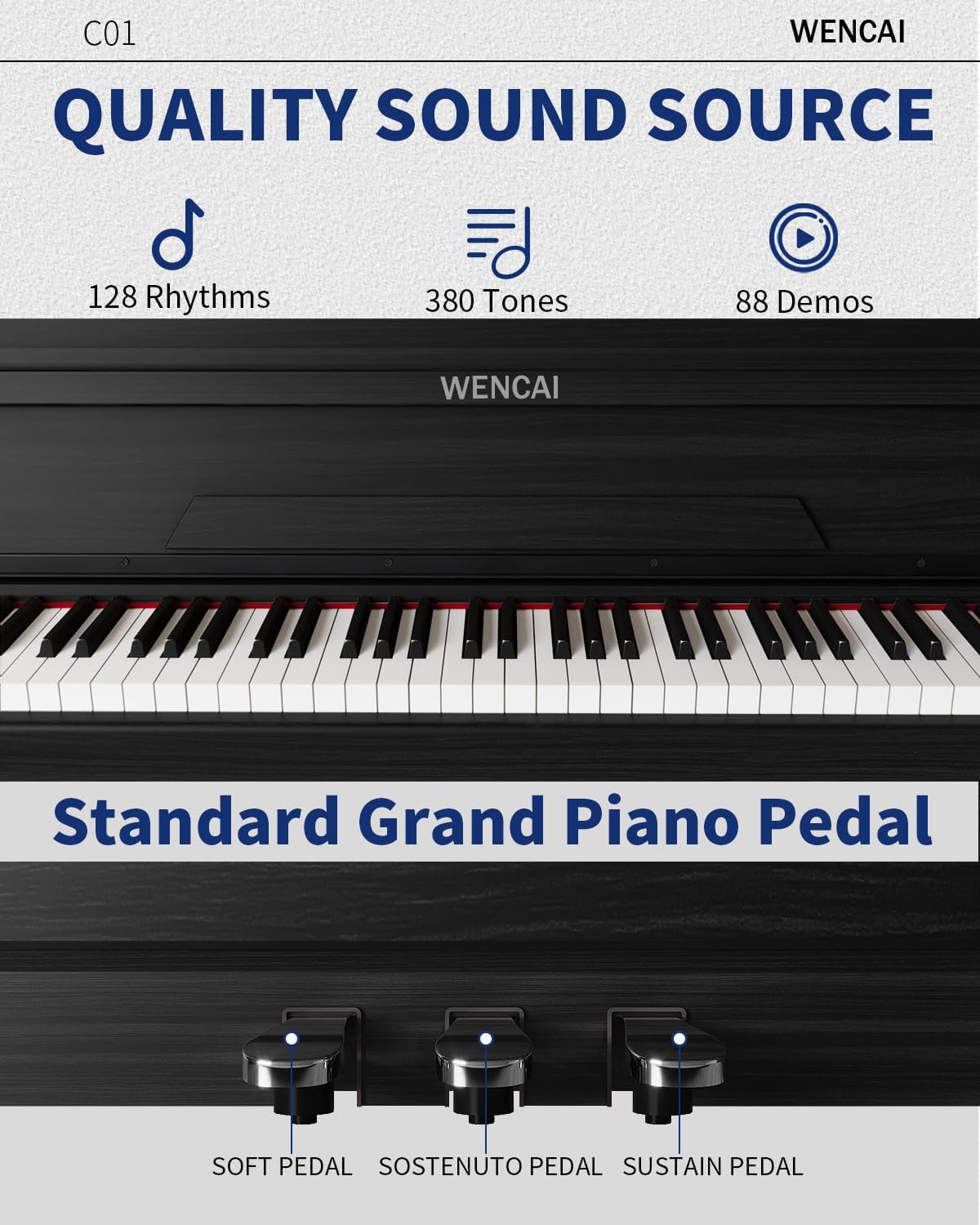 WENCAI 88 Keys Fully Weighted Digital Piano Keyboard, Hammer Action Upright Electric Piano for Beginner Professional with Cushioned Drop Cover, 3 Pedals, Black