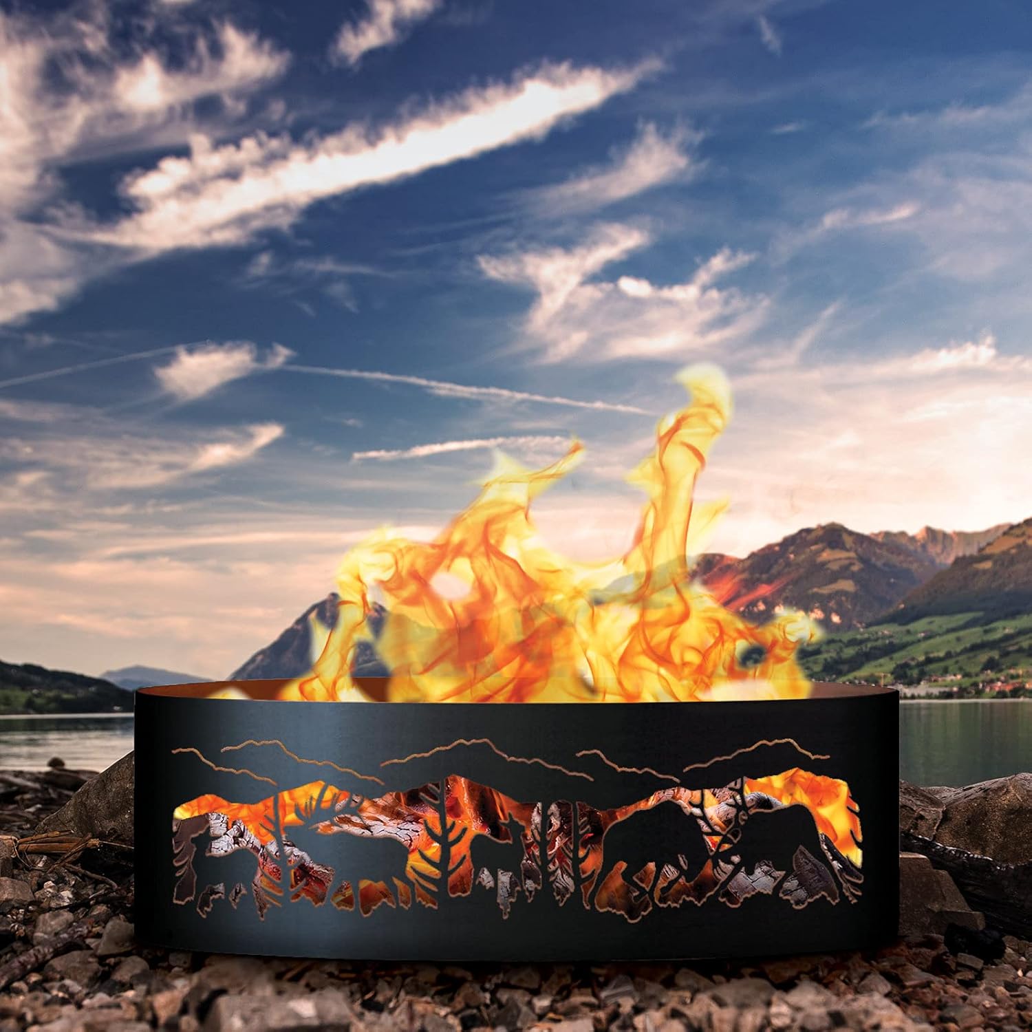 PD Metals FER00660 Fighting Elk Unpainted 12 in. Tall 60 in. Diameter Outdoor Fire Ring - 60 x 60 x 12 in. - Rustic Black Color