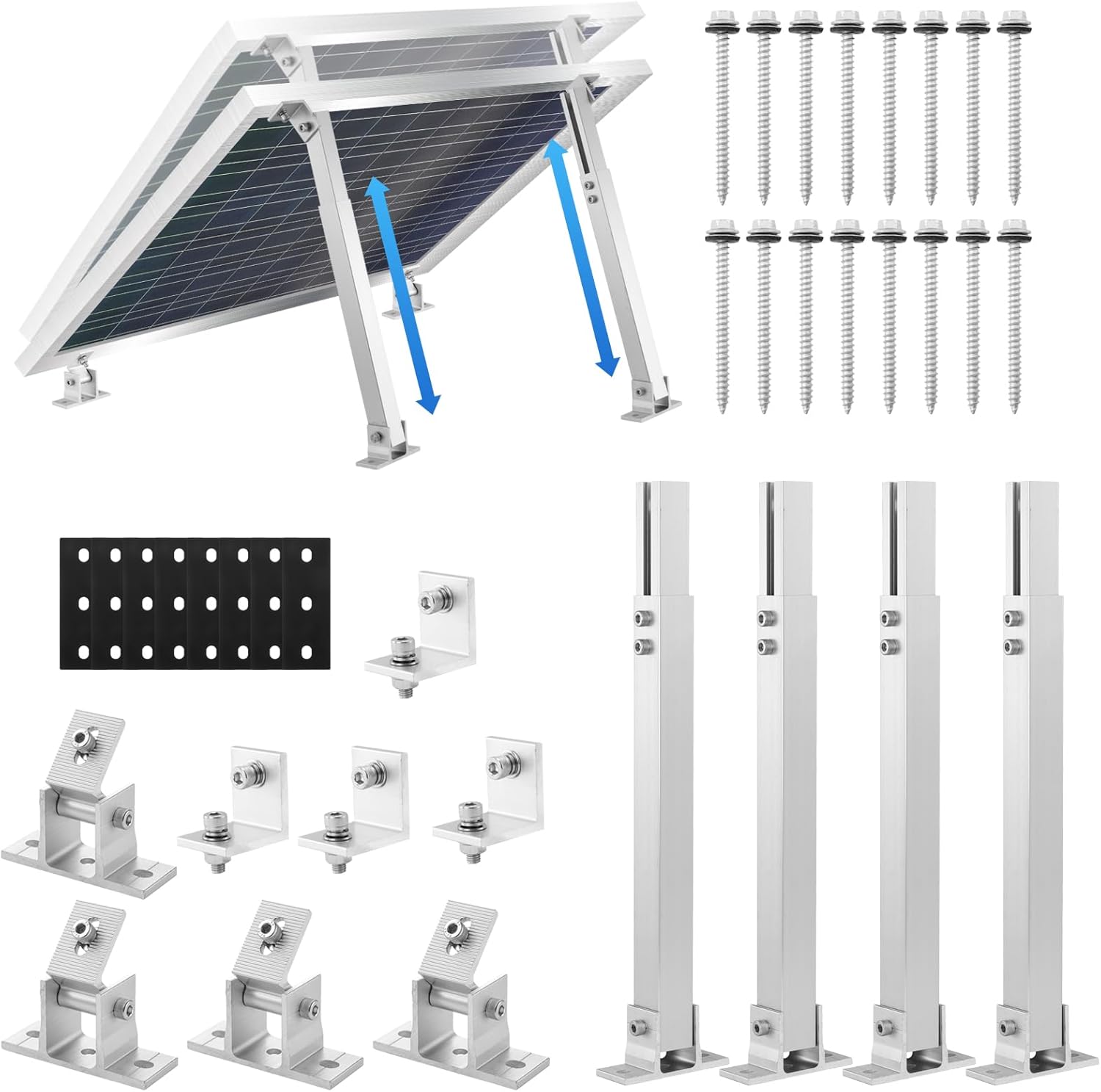 4 Pcs Adjustable Aluminum Alloy Solar Panel Tilt Mount Brackets for 50–400 W Panels on RV, Boat, Roof, Flat Surface & Wall (14–27″ Arms, 15°–30° Tilt)