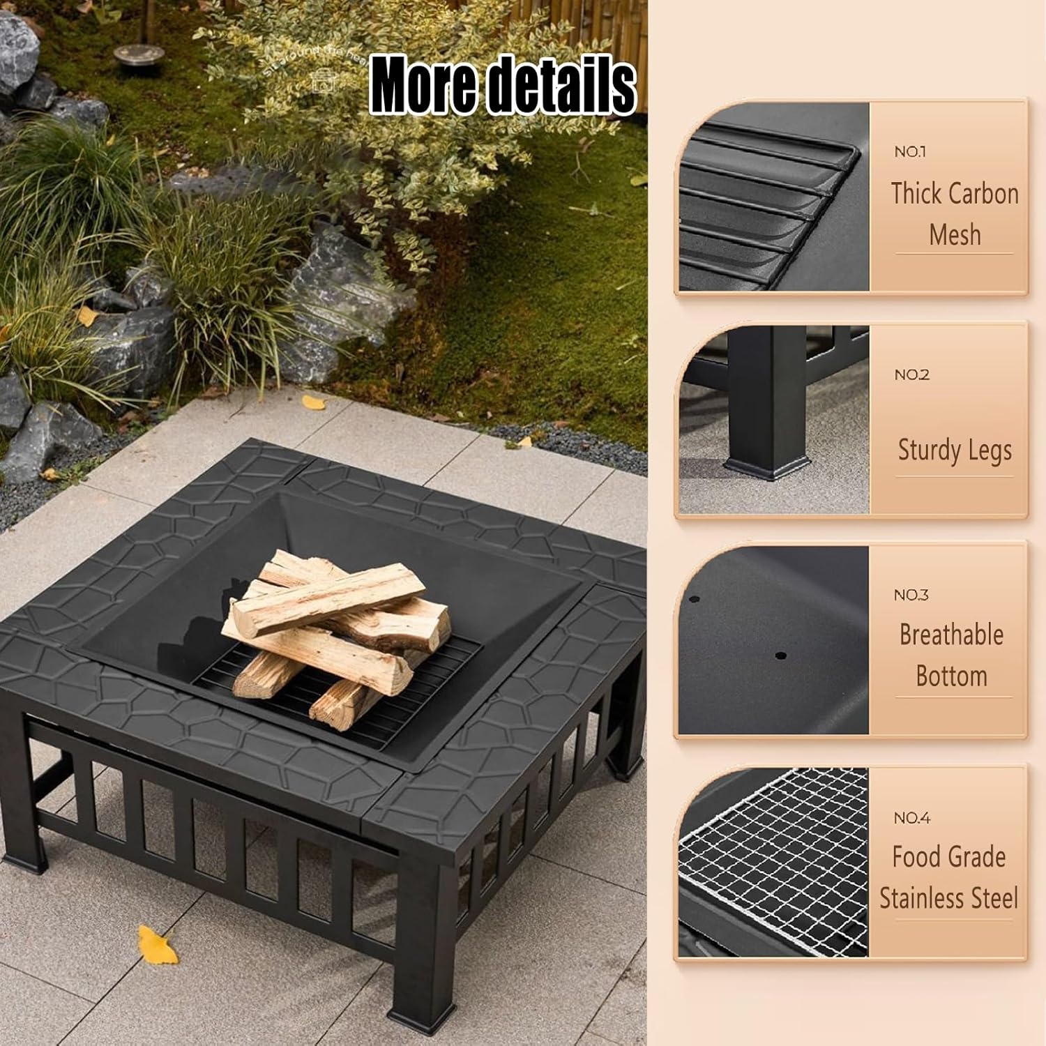 TemkIN Patio Big Fire Pit Table, Heavy Duty Metal Fire Pits with Fire Poker and Spark Screen Lid, Wood Burning Fire Table for Backyard Patio Garden Picnic Camping Bonfire, Black