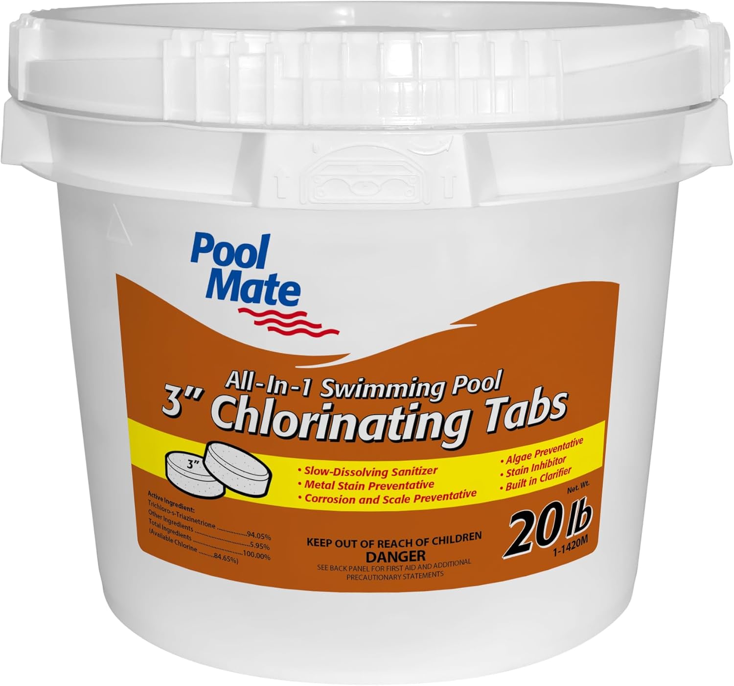Pool Mate 20-Pounds All-In-1 Swimming Pool 3 Inch Chlorinating Tabs, Chlorine Tablets 3 Inch, Sanitizer, Clarifier, Stain Inhibitor, Algae Control, Descaler, Sunlight Protector All In One, Made In USA