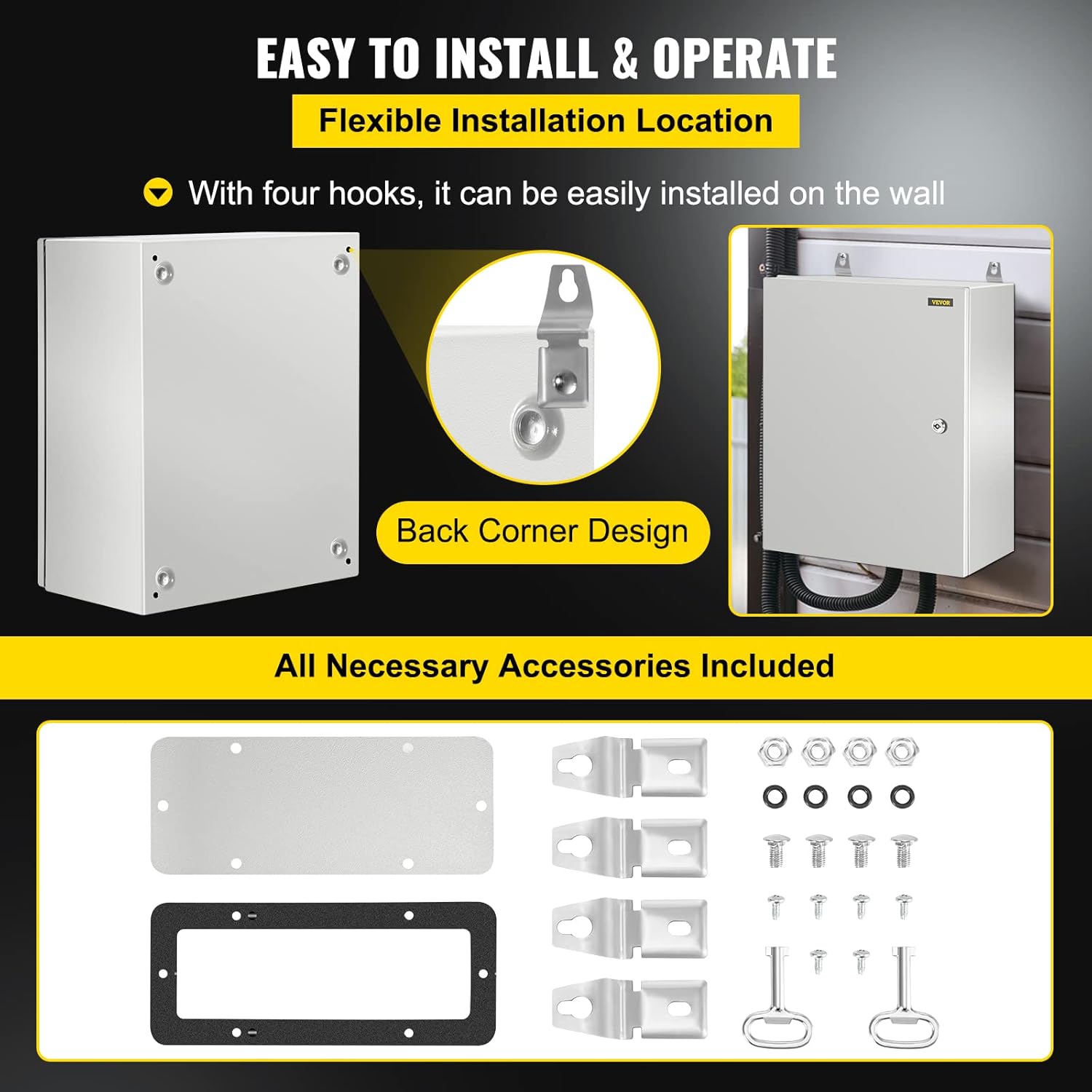 VEVOR NEMA Steel Enclosure, 20 x 16 x 10'' NEMA 4X Steel Electrical Box, IP66 Waterproof & Dustproof, Outdoor/Indoor Electrical Junction Box, with Mounting Plate