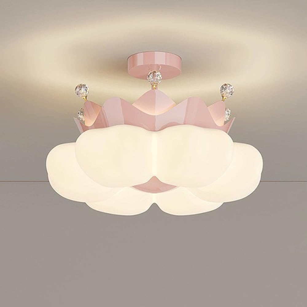 Girls Bedroom Chandelier Ceiling Light Pink Crown Princess Room Ceiling Light Modern LED Semi Flush Mount Ceiling Light Milk White Nursery Ceiling Lamp for Kids Room Baby Children Room