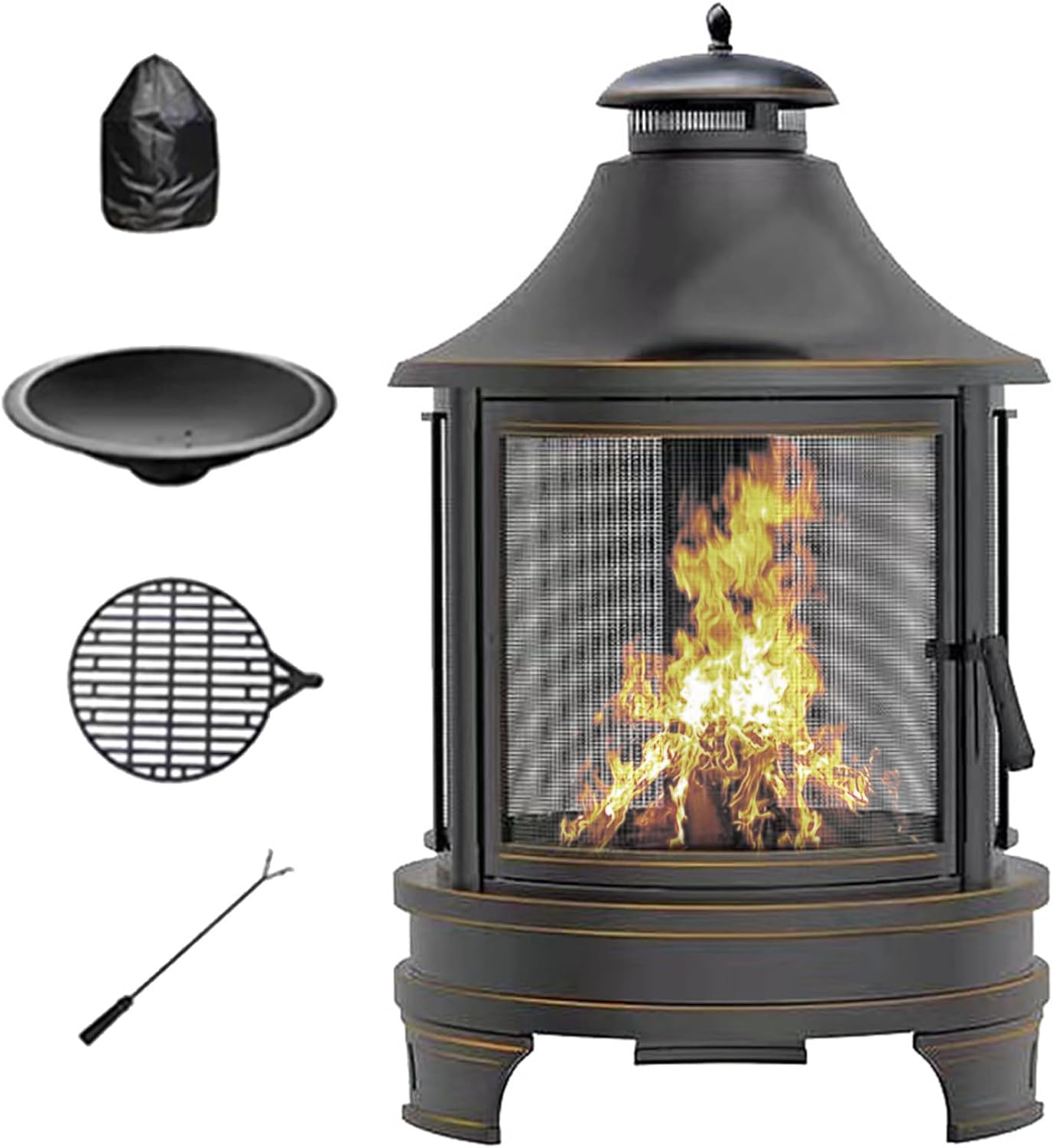 2 in 1 Fire Pit for Outdoor, Wood Burning Fire Pit & Metal Chiminea Fireplaces with Spark Screen Doors & Grill Grate, for Outside Patio Garden Backyard Bonfire Party