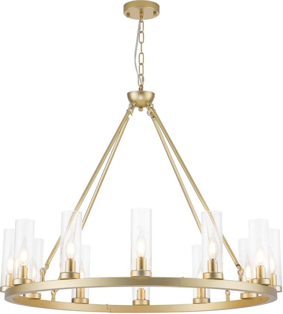 Farmhouse Chandeliers for Dining Room,Metal Wagon Wheel Chandelier with Clear Glass Vintage Round Pendant Lights Kitchen Island Lighting Fixture(Gold,34in -12 Light)