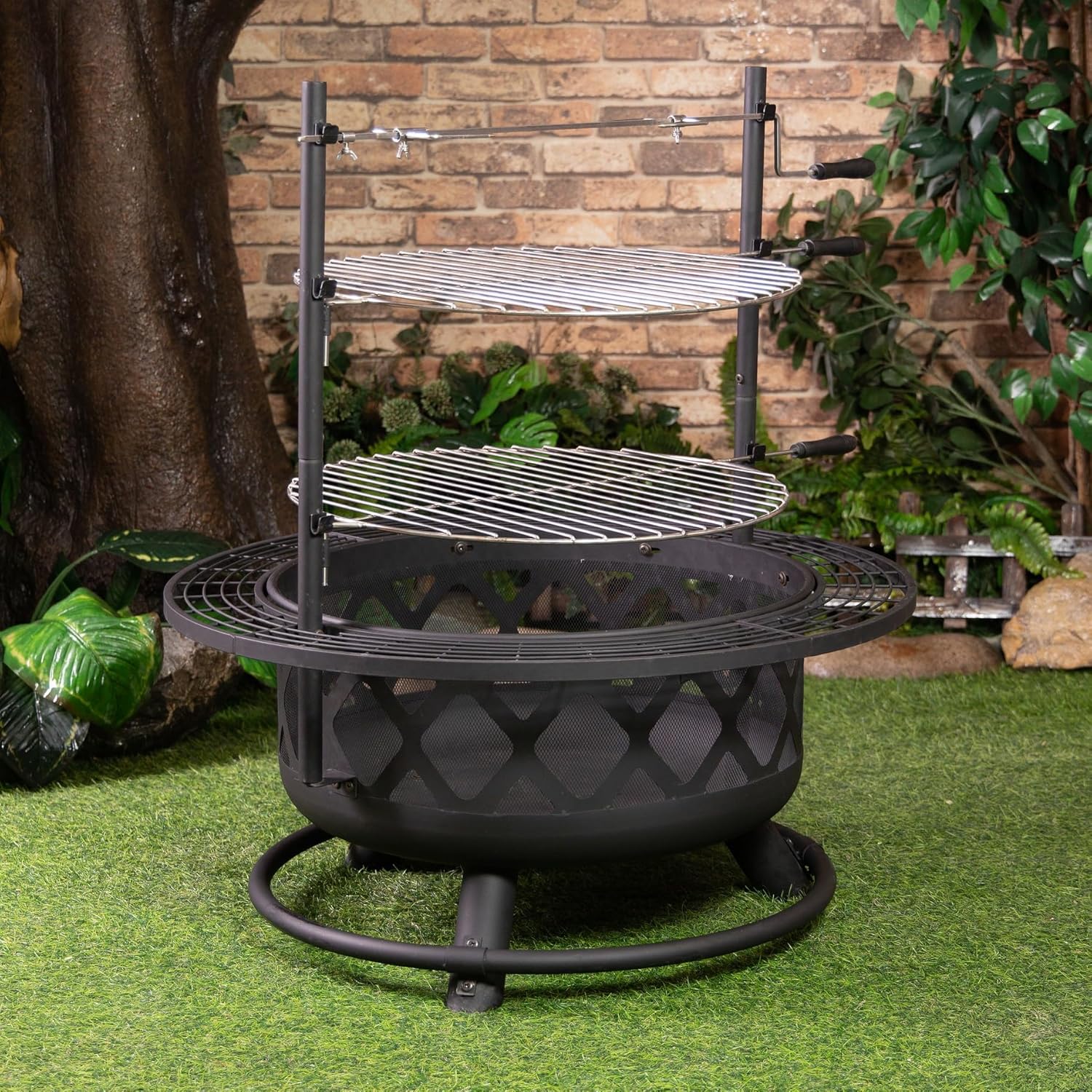 33 Inch Outdoor Fire Pit with Grill & Rotisserie Durable Steel Woodburning Firepits for Outside - Portable Fire Pit for Backyard Porch, Deck, Camping, BBQ