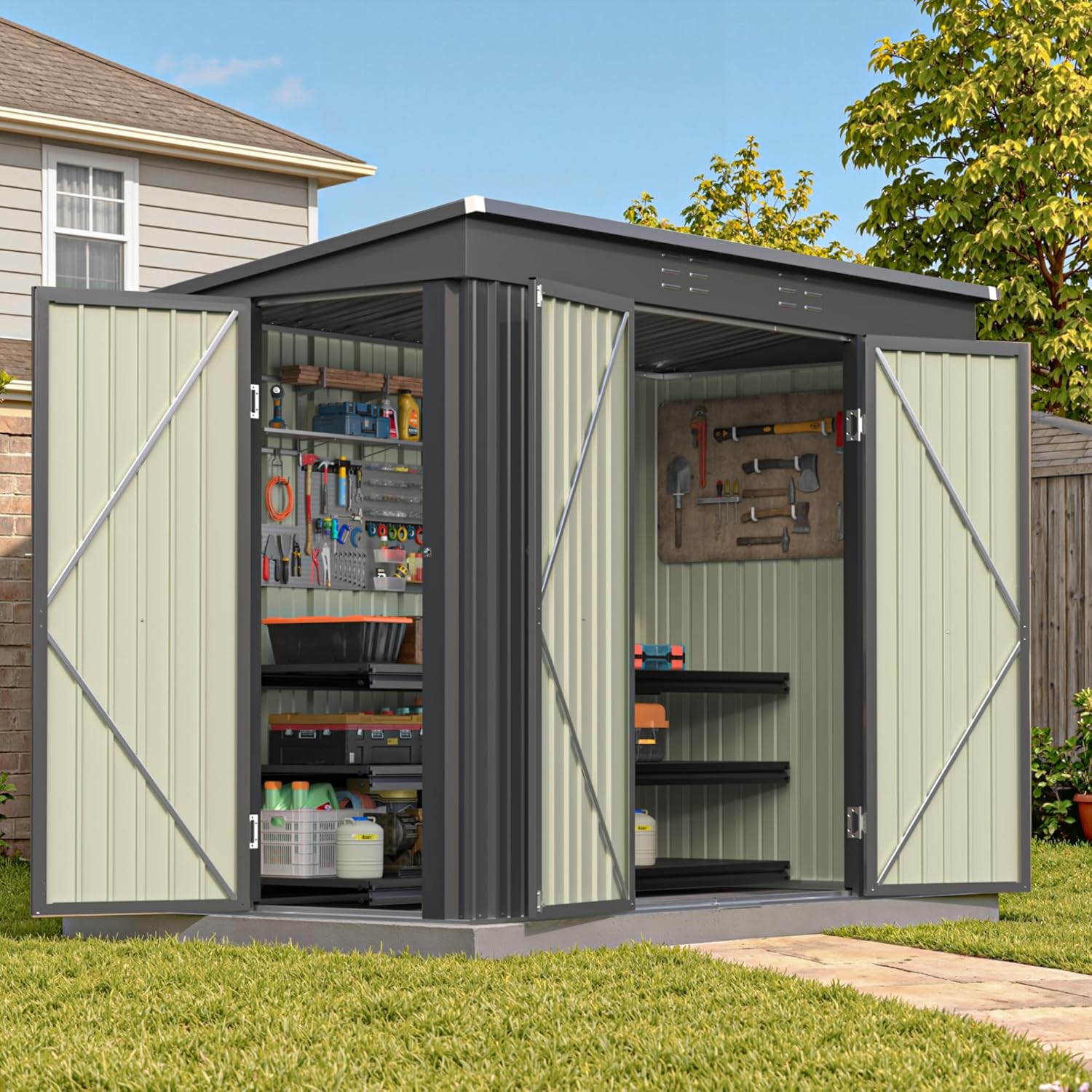 Patiowell 8x4 FT Outdoor Storage Shed, Heavy Duty Tool Metal Sheds with 3 Lockable Doors and Updated Frame Structure for Backyard Patio Lawn, Black