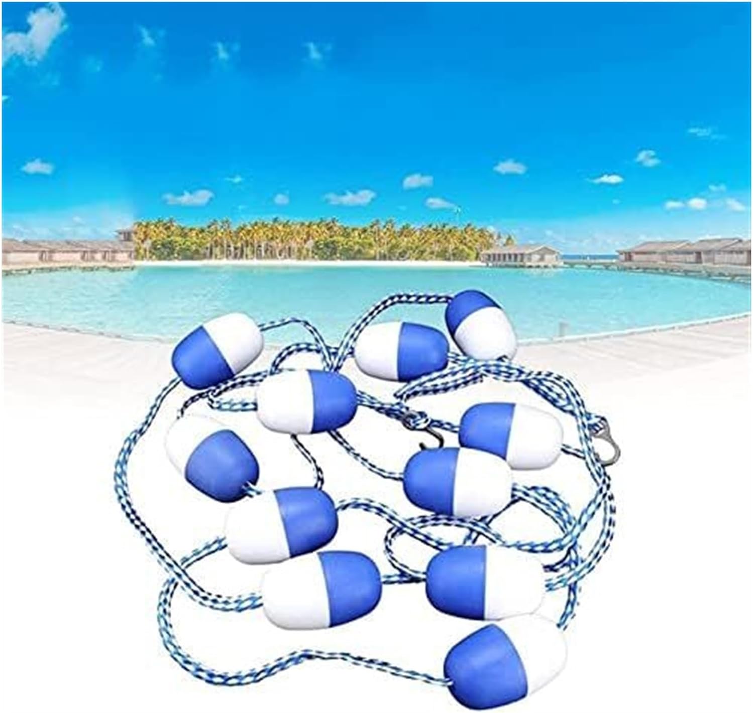 Pool Safety Rope, 15M/49.2FT Pool Rope Swimming Pool Safety Rope and Float Kit Deep Shallow End Divider Line with 2 Pre-Assembled Stainless Hooks and Buoy Ball, Wave-Proof Pool Floating Rope