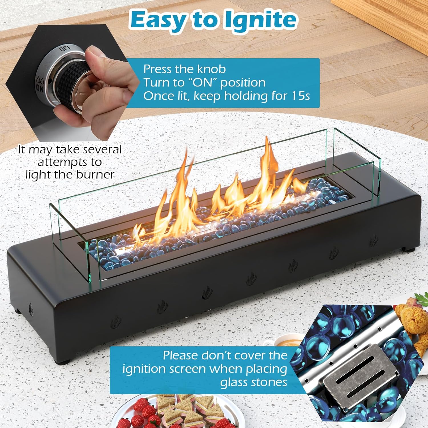 Happygrill 30 Inch Tabletop Propane Fire Pit, 40,000 BTU Table Top Firepit Fire Bowl with Wind Guard, Glass Rocks, Stainless Steel Burner & Cover, Outdoor Portable Fireplace for Patio, Camping