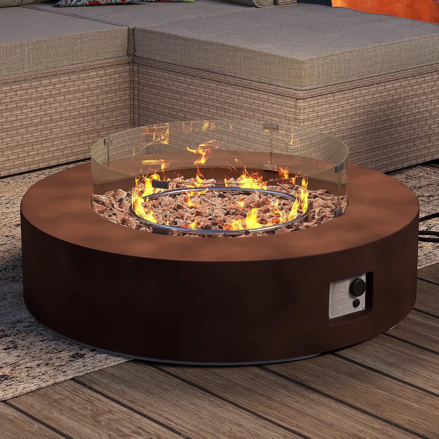 SUNBURY Outdoor Propane Burning Fire Pit, Circular Dark Brown Patio Fire Table 50,000 BTU w Lava Rocks, Glass Wind Guard, Waterproof Cover