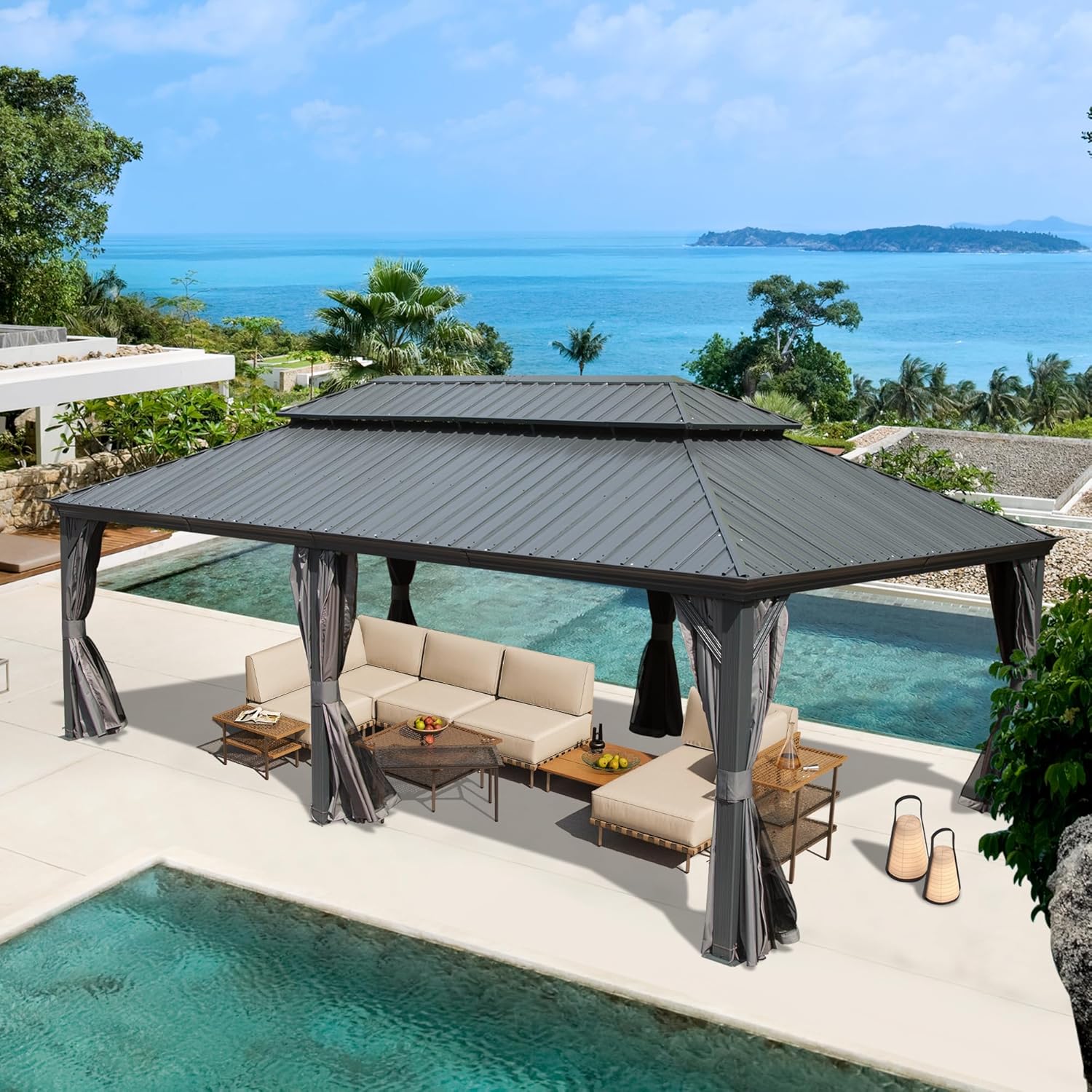 Domi 14' X 24' Hardtop Gazebo Large Outdoor Metal Gazebo Canopy with Galvanized Steel Double Roof, Aluminum Frame, Curtains and Netting for Patio, Deck, Garden, Grey