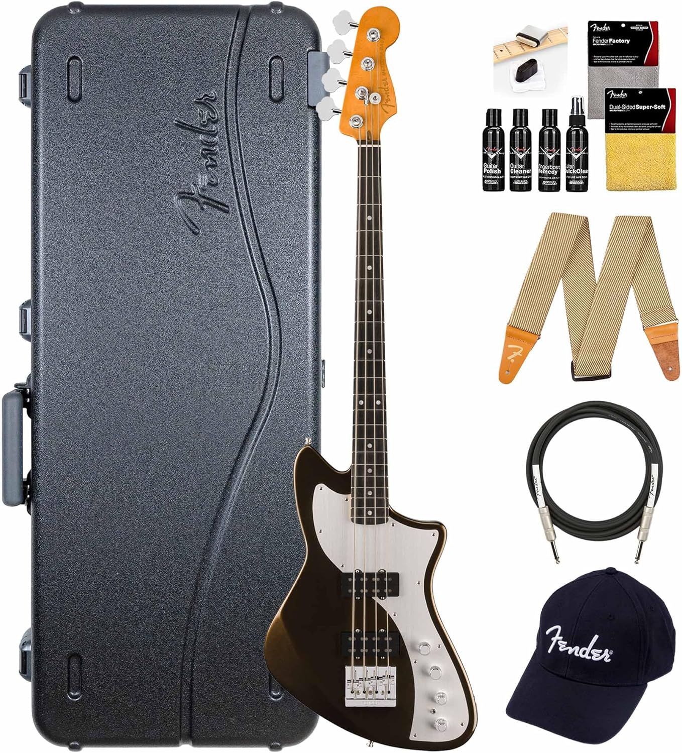 Fender American Ultra II Meteora Bass - Texas Tea Bundle with Case, Strap, Cable, Hat, and Guitar Cleaning Kit