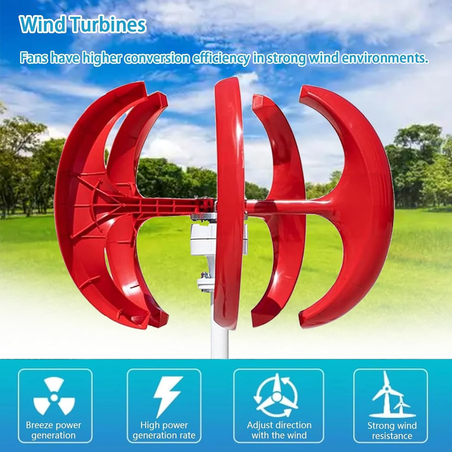 High-Efficiency 5-Blade Vertical Wind Turbine Generator Kit, 12V/24V/48V, 16000W, with Controller - Ideal for Home, Camping & Boat Use (Red, 48V)