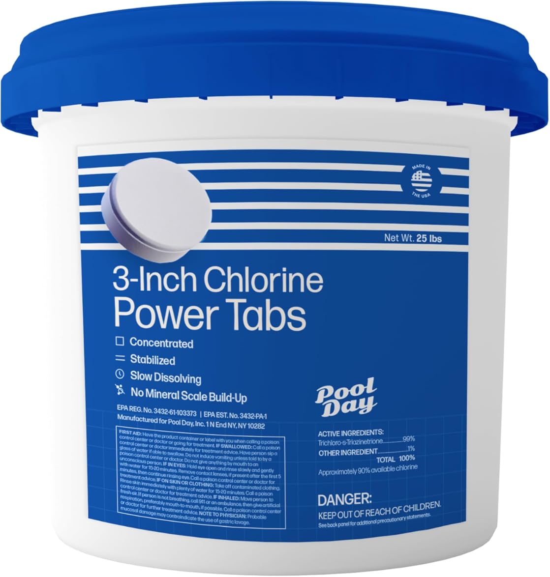 Pool Day 25lb Three-Inch Chlorine Power Tabs - 99% Trichlor, UV-Protected, Slow-Dissolving Formula for Crystal Clear Safe Water