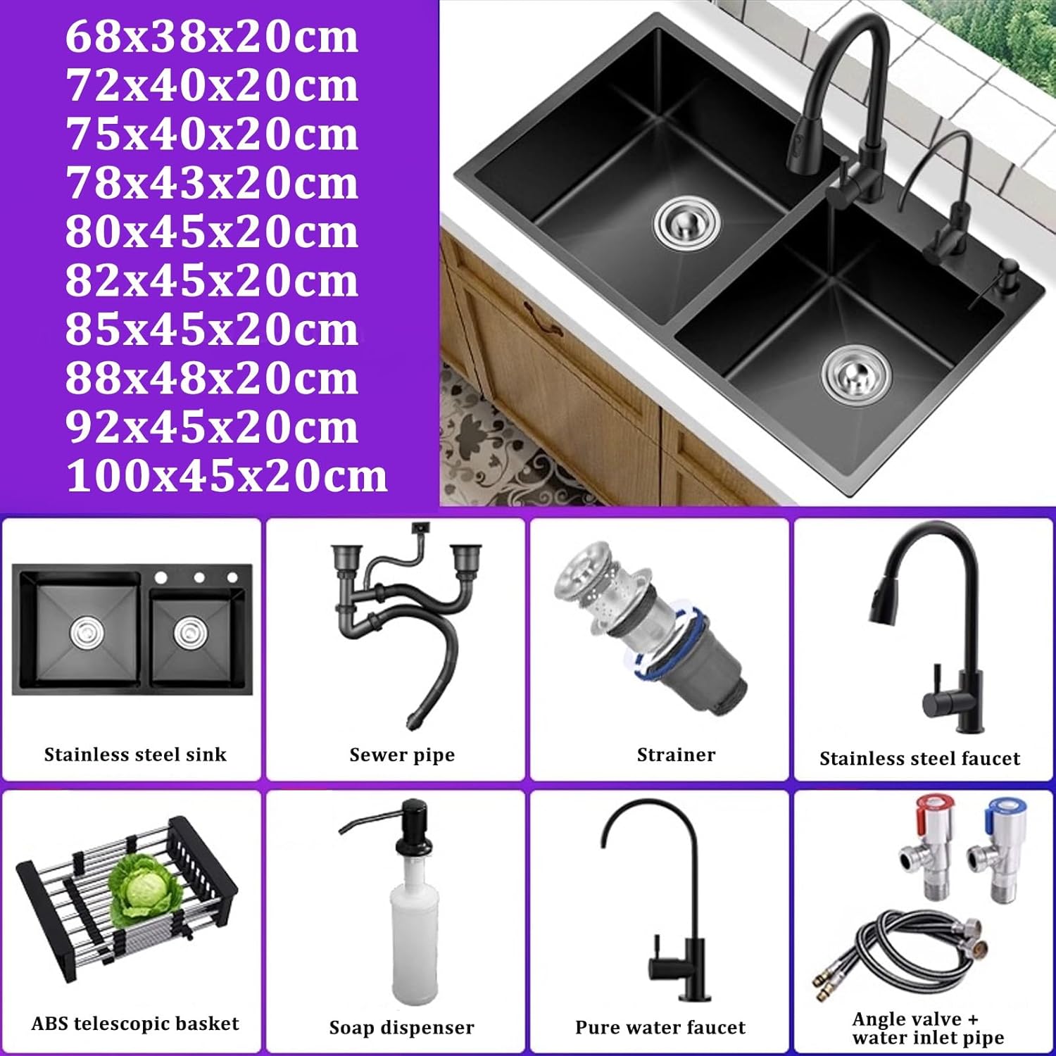Kitchen Sink Tap,Black Kitchen Sink Double Bowl Sink Large Capacity Sink Stainless Steel Large Sink Including Faucet and Other Accessories (100x45x20cm)