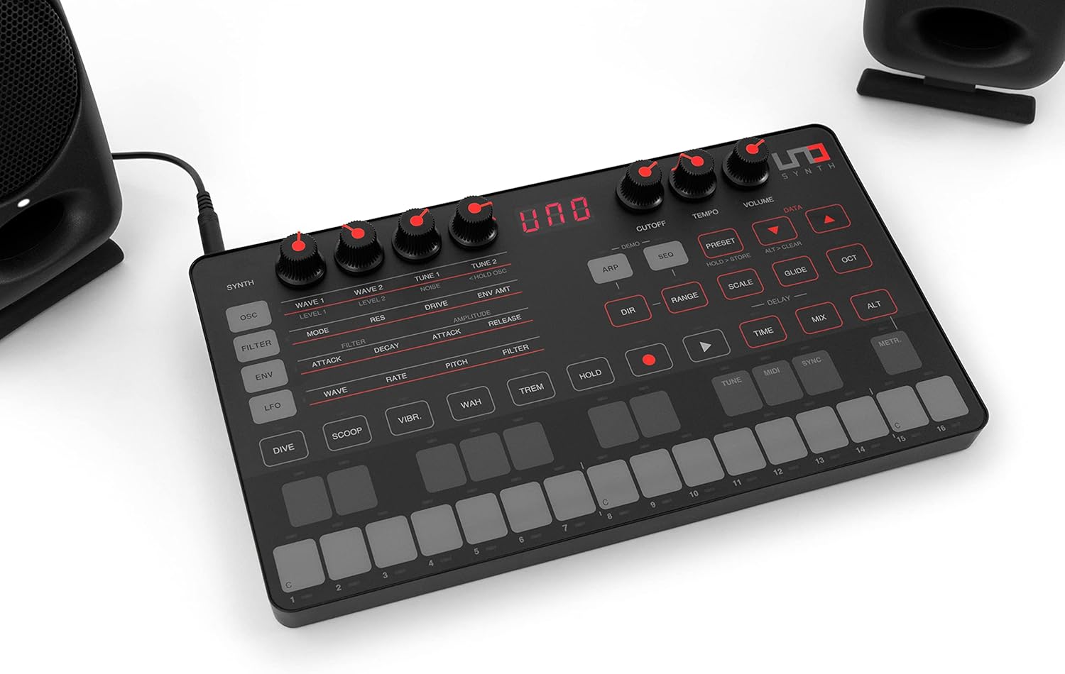 IK Multimedia UNO Synth portable monophonic real analog synthesizer with sequencer, arpeggiator, battery operation, full MIDI/USB control and Mac/PC/iPad editor software