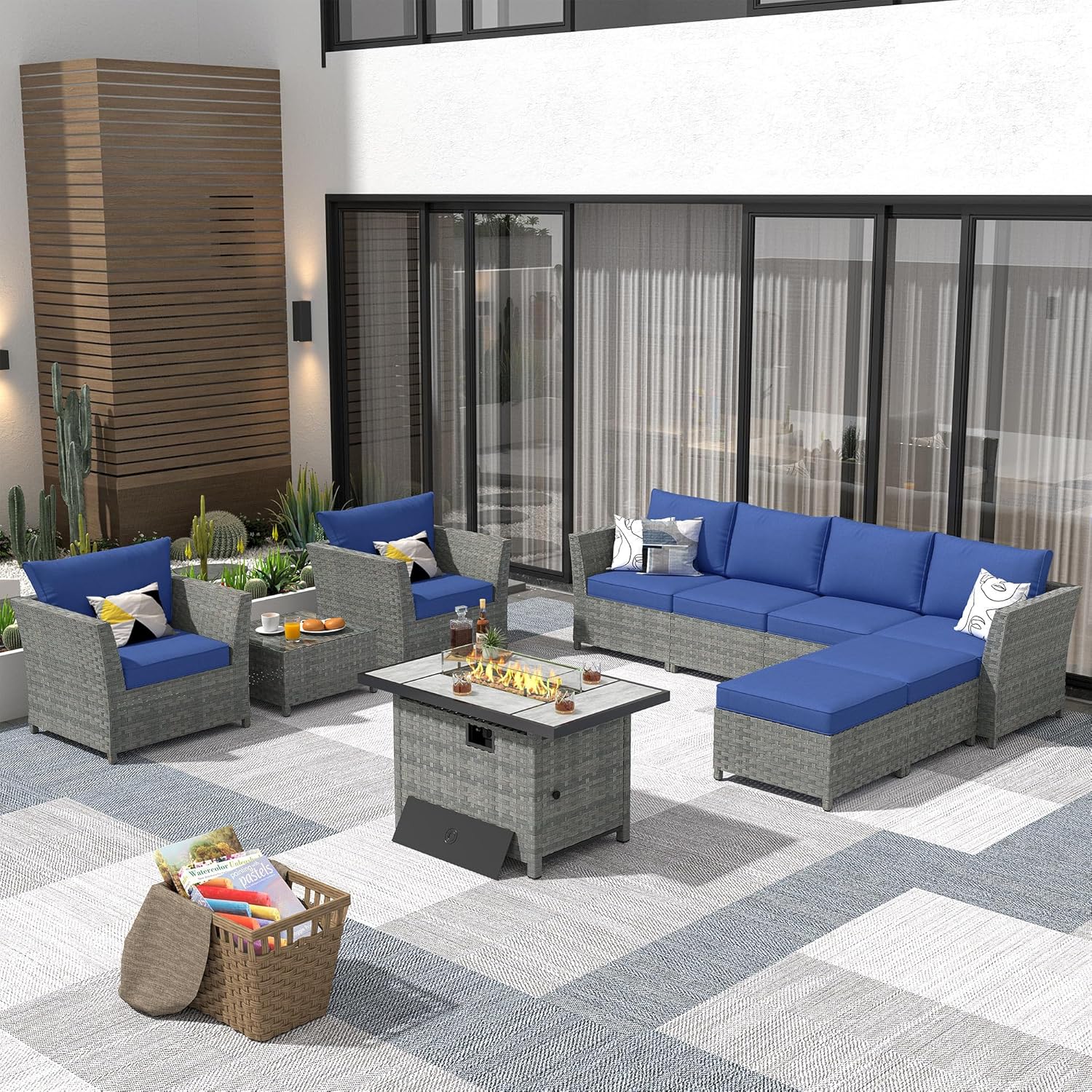 Outdoor Patio Furniture Set, 10 Pieces PE Wicker Patio Conversation Set with Rectangular Propane Fire Pit Table for Gathering (Navy Blue)