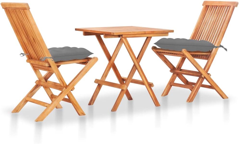 3 Piece Bistro Set with Gray Cushions Solid Teak Wood,Teak Wood Bistro Set with Foldable Table and Chairs for Indoor and Outdoor Use Patio Furniture Sets, Outdoor Furniture Sets