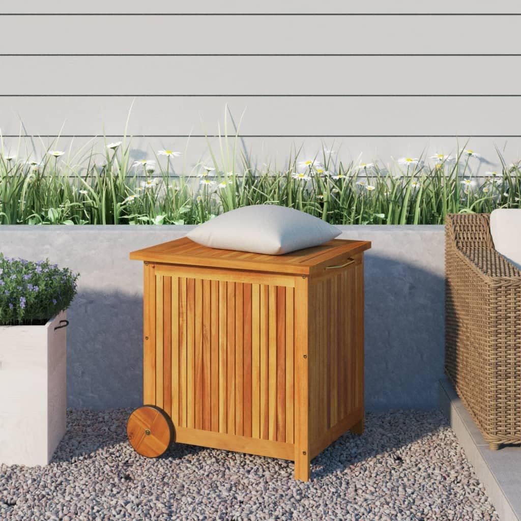 Solid Wood Storage Deck Box, Patio Storage Container with 2 Wheels, Outdoor Garden Storage Box, Outdoor Wood Storage Container for Backyard, Front Porch Outdoor Box, 23.6