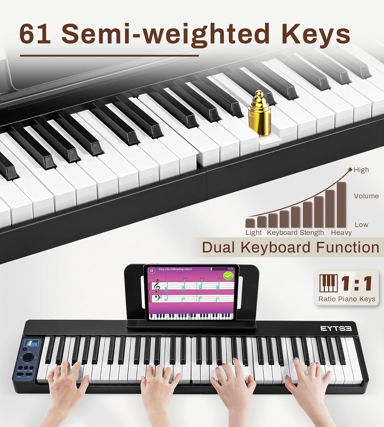 61 Key Folding Piano Keyboard, Semi-Weighted Key Folding Piano, Portable Piano Keyboard, Wireless & MIDI, Foldable Electronic Keyboard Piano for Beginners (Black)