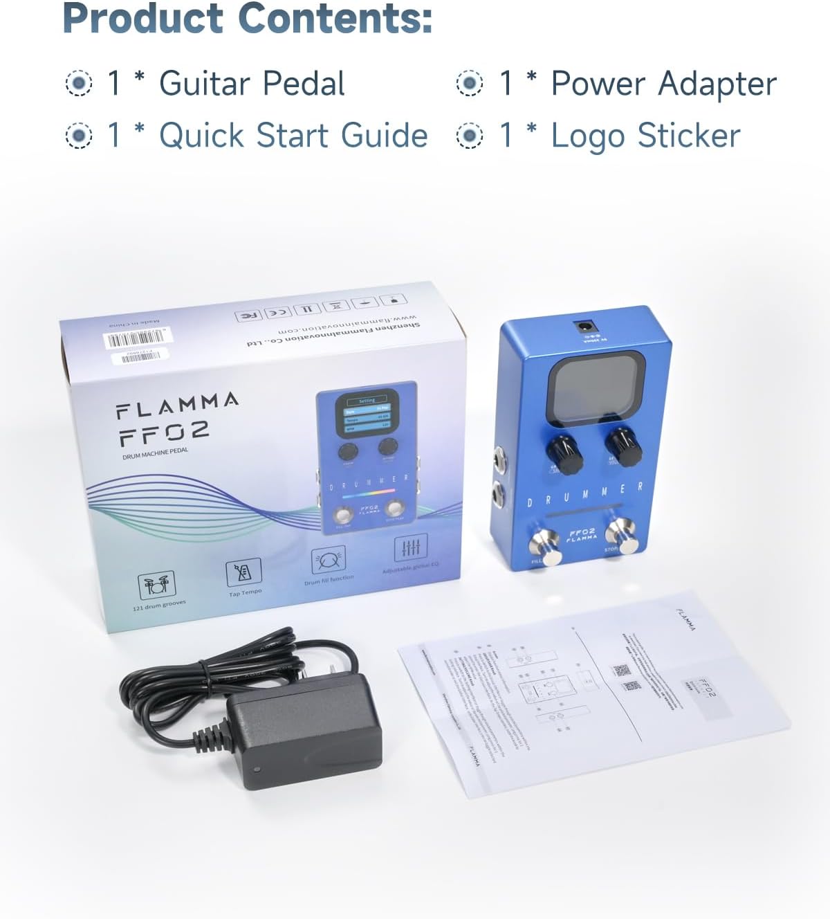 FLAMMA FF02 Drum Machine Guitar Pedal - 121 Drum Grooves, 11 Music Genres, Tap Tempo, Adjustable Rhythms, Stereo I/O for Live & Studio Use