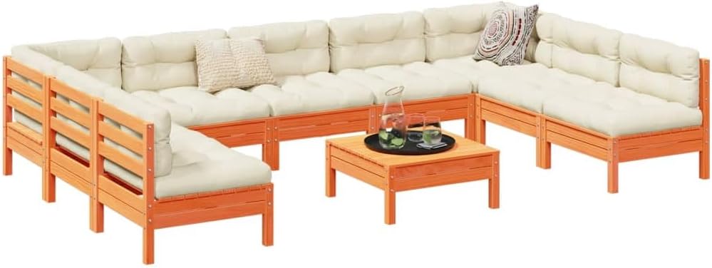 Garden Sofa Set, Wax Brown Solid Pine Wood, Oxford Fabric Cushions, 10-Piece Outdoor Patio Furniture for 10 People, Modular Design