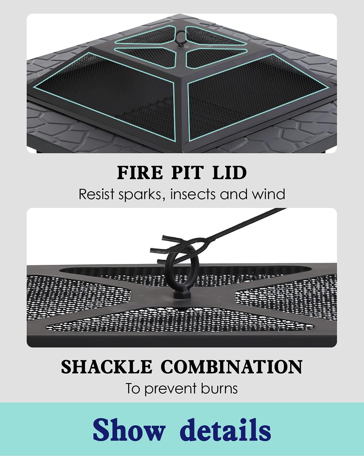 Outdoor Fire Pit 32 inch Square Metal Firepit for Patio Wood Burning Fireplace Garden Stove with Charcoal Rack Mesh Cover for Camping Picnic Bonfire Backyard Outdoor Heating