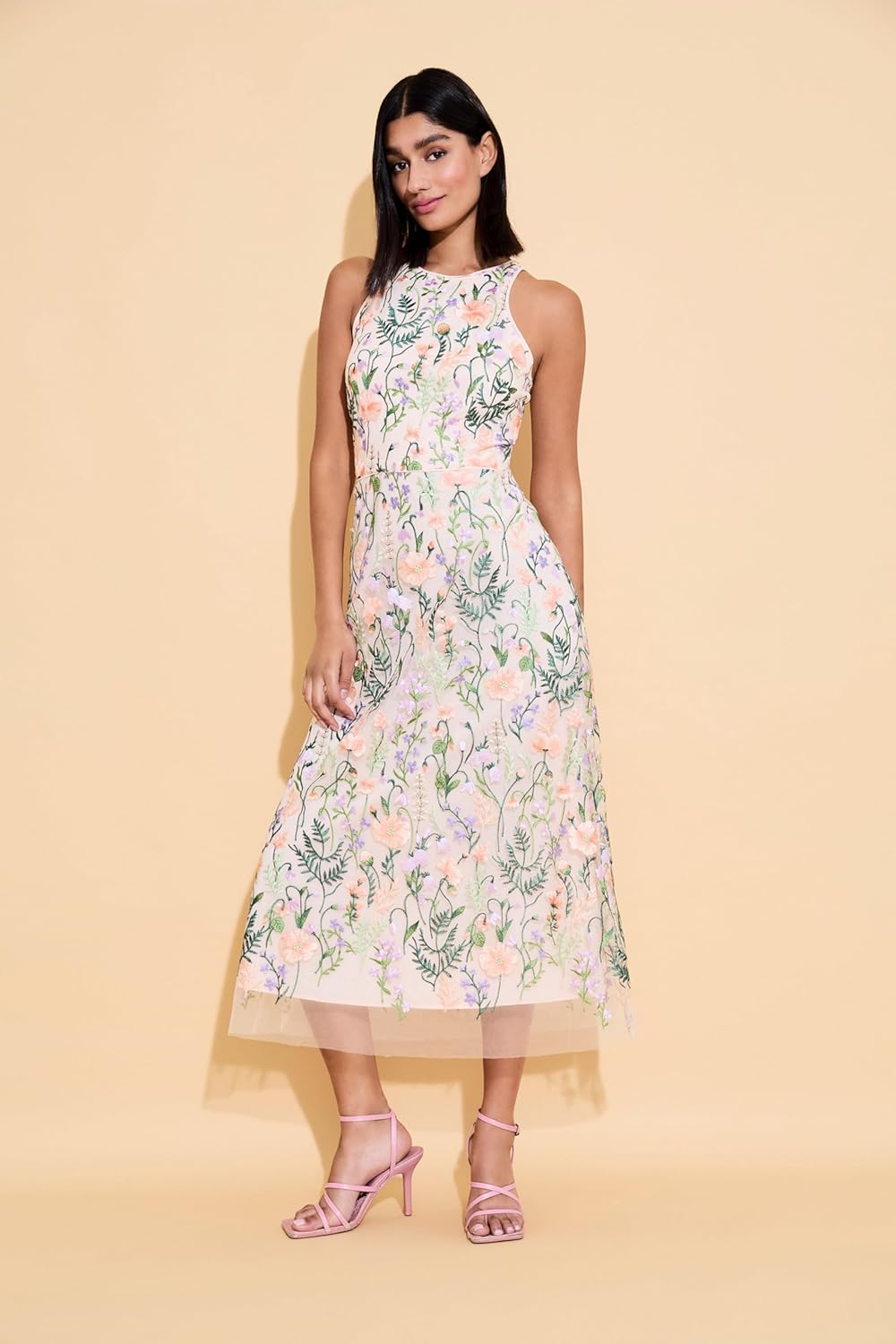 Maggy London Women's Dresses Floral Embroidered Halter Neck Midi Dress with Back V-Neck