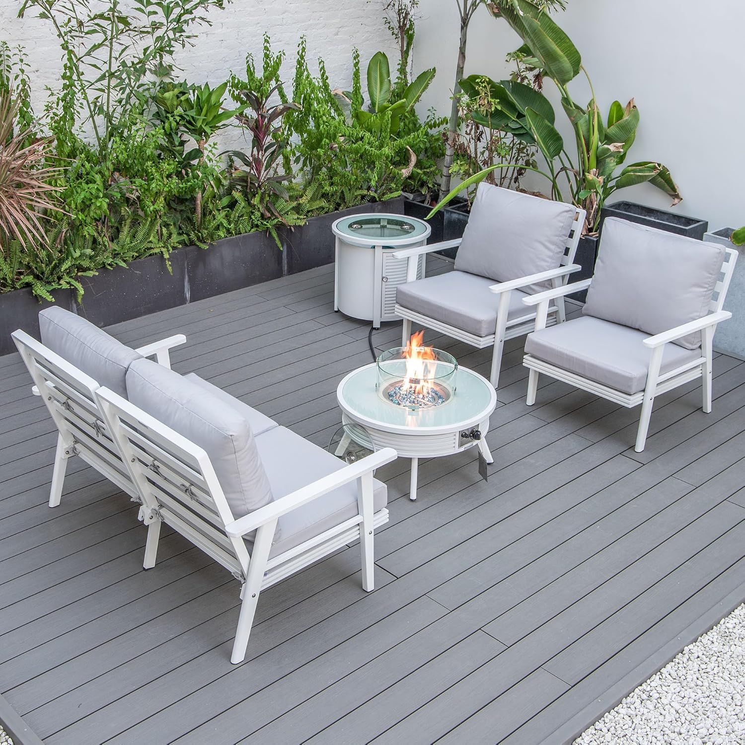 LeisureMod Walbrooke Modern Aluminum 5-Piece Patio Conversation Set with Outdoor Round Fire Pit Table with Slats Design & Side Table Tank Holder (Light Grey)