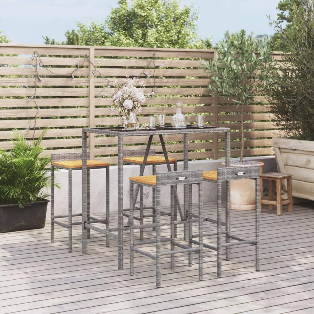 Grey Outdoor Garden Bar Set, PE Rattan Patio Furniture with Tempered Glass Top, 4 Bar Stools, Powder-Coated Steel Frame, Rectangular Dining Table Set for Balcony