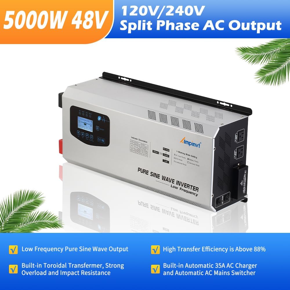 Off Grid Inverter Charger 5000W Peak 15000W DC 48V to 120V/240V AC Split Phase Output, with Battery AC Charger, Low Frequency Pure Sine Wave Inverter for Solar Home
