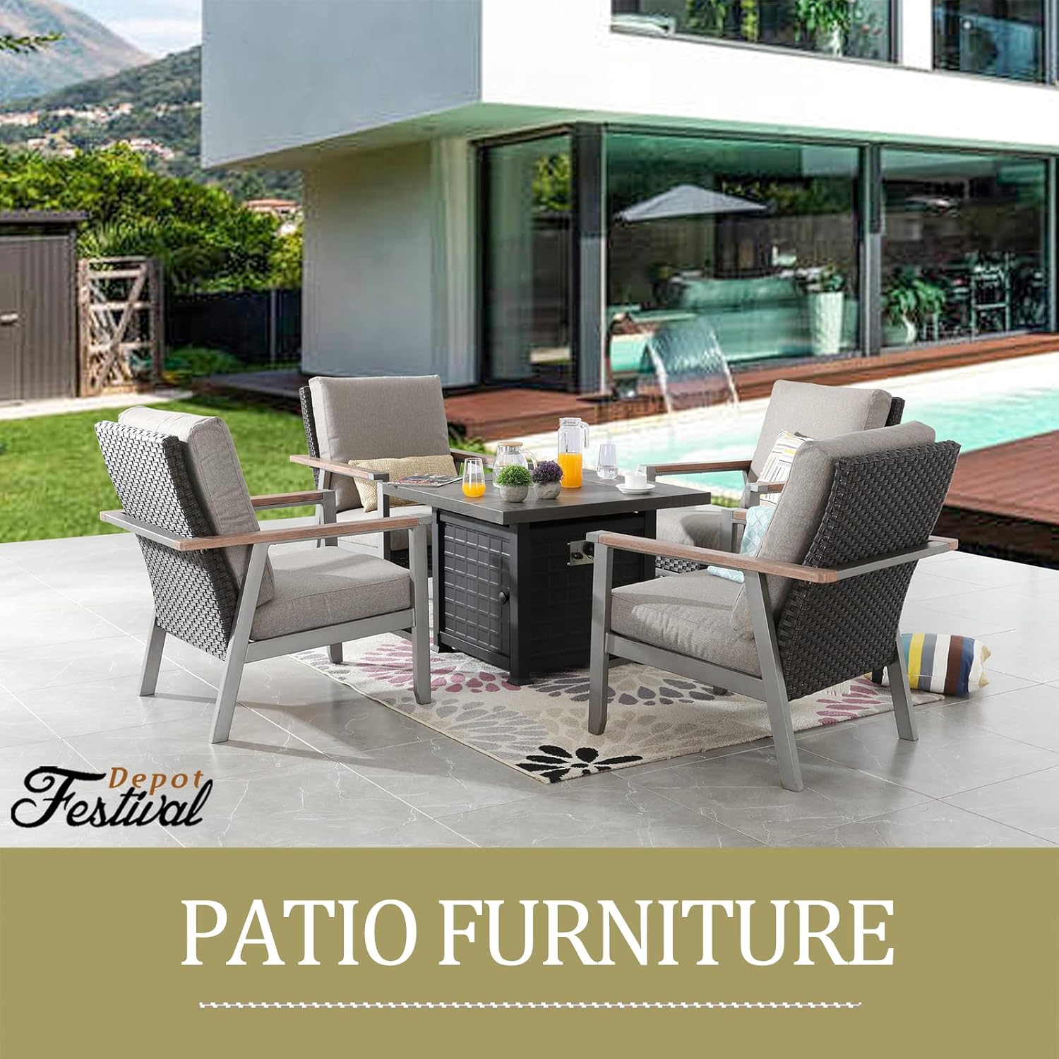 Fire Pit Table Set of Propane Fire Table and 4 Wicker Chairs with Thick Cushions and Rattan Back for Grey