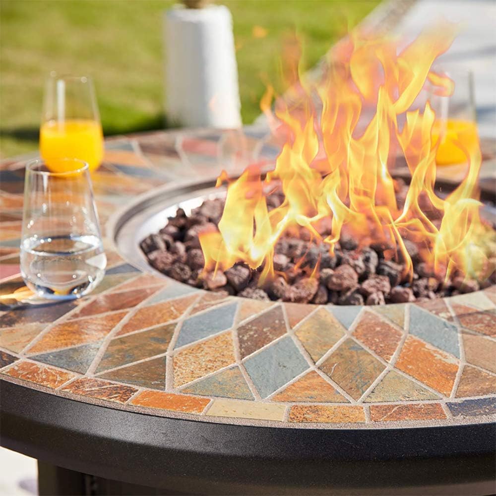 Pebble Lane Living Exclusive Natural Slate Top Outdoor Fire Pit with Metal Cover & 50,000 BTU Burner, Rust Resistant Powder Coating, Lava Rocks Included, Sleek Bronze Frame, 42