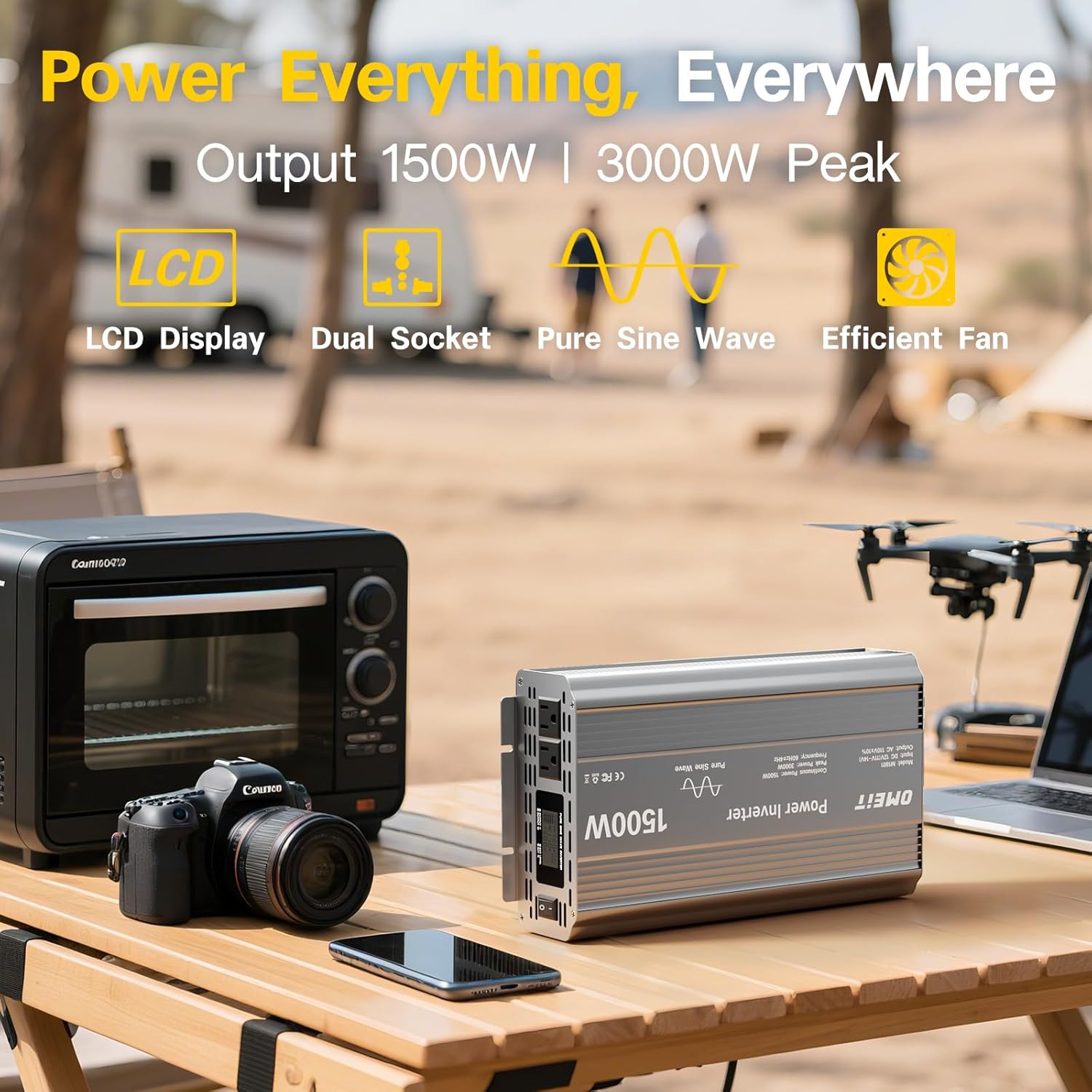 1500W Pure Sine Wave Power Inverter, 12V DC to 110V/120V AC for Car, RV, Truck, Home, Off-Grid, Camping with 2 AC Outlets, LCD Display and 3000W Surge