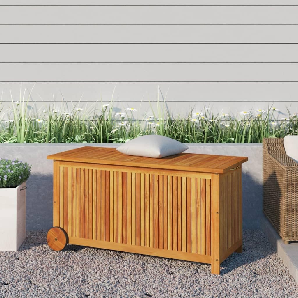 Outdoor Storage Box with Wheels, Wooden Patio Deck Box, Outdoor Cushion Storage Container Bin Chest for Patio Cushions, Outdoor Gardening Tools, 44.5