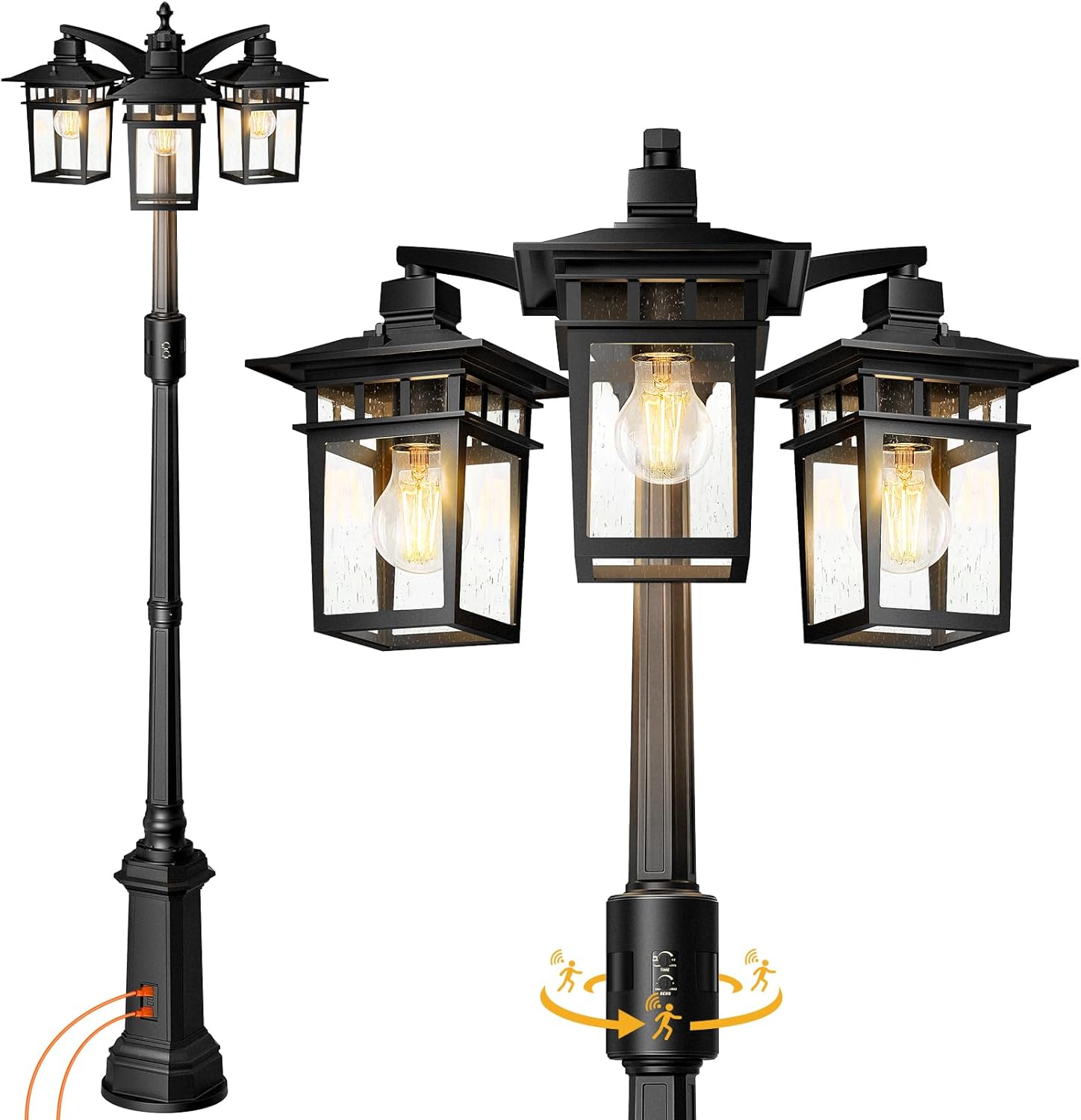 Motion Sensor Outdoor Lamp Post Light Fixture with GFCI Outlet,3-Head Dusk to Dawn Outdoor light post with bubble Glass,Aluminum Waterproof Light Poles Outdoor Lighting for Outside yard Garden Pathway