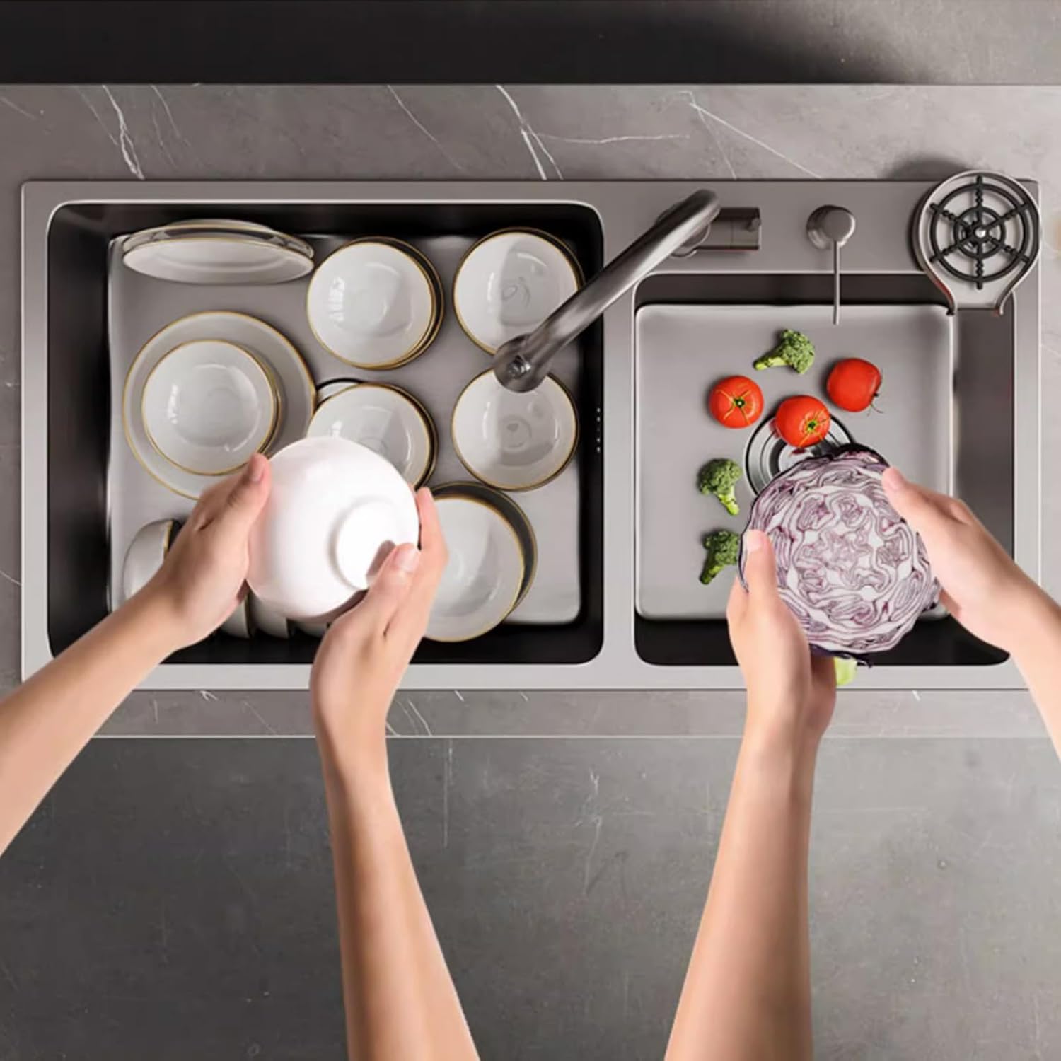 Kitchen Sink Tap,Stainless Steel Sink Gray Large Double Bowl Sink Kitchen Sink Pullout Faucet Glass Washer and Other Accessories Included,75x40x20cm,88x45x20cm