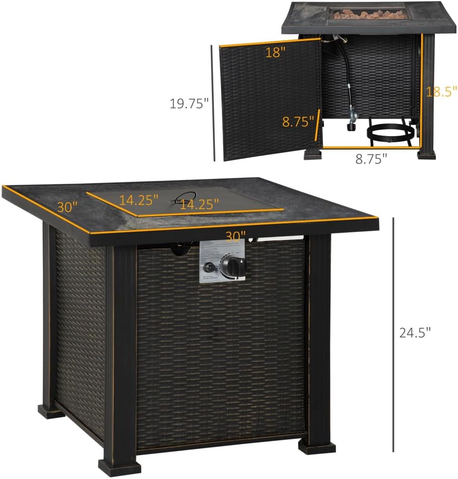 Outdoor Propane Fire Pit Table with Auto-Ignition System, Square Wicker Design Patio Heater with Ceramic Tabletop Cover