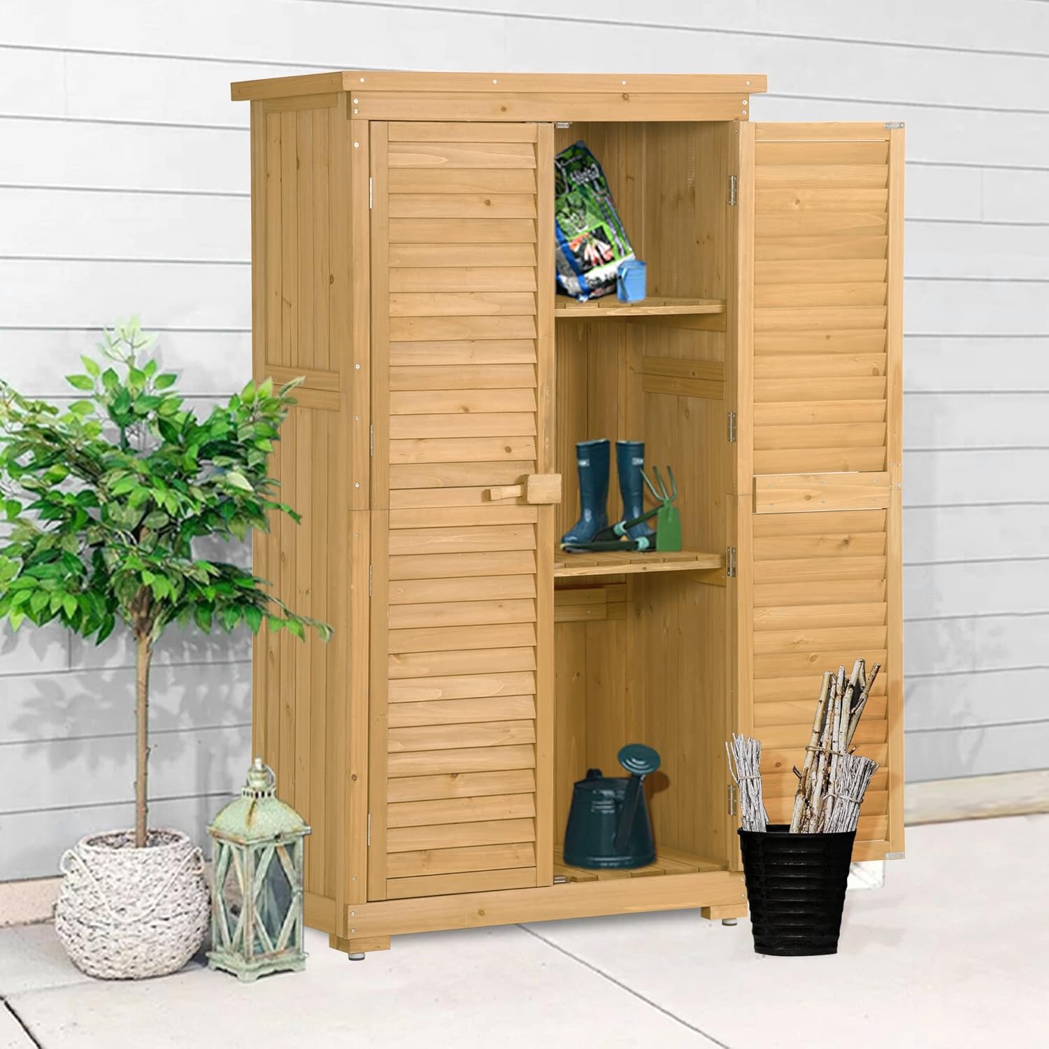 Knocbel Wooden Garden Storage Shed with Shutter Doors and Removable Shelves, Weather Resistant Tool Cabinet for Backyard Patio Lawn, 34.3