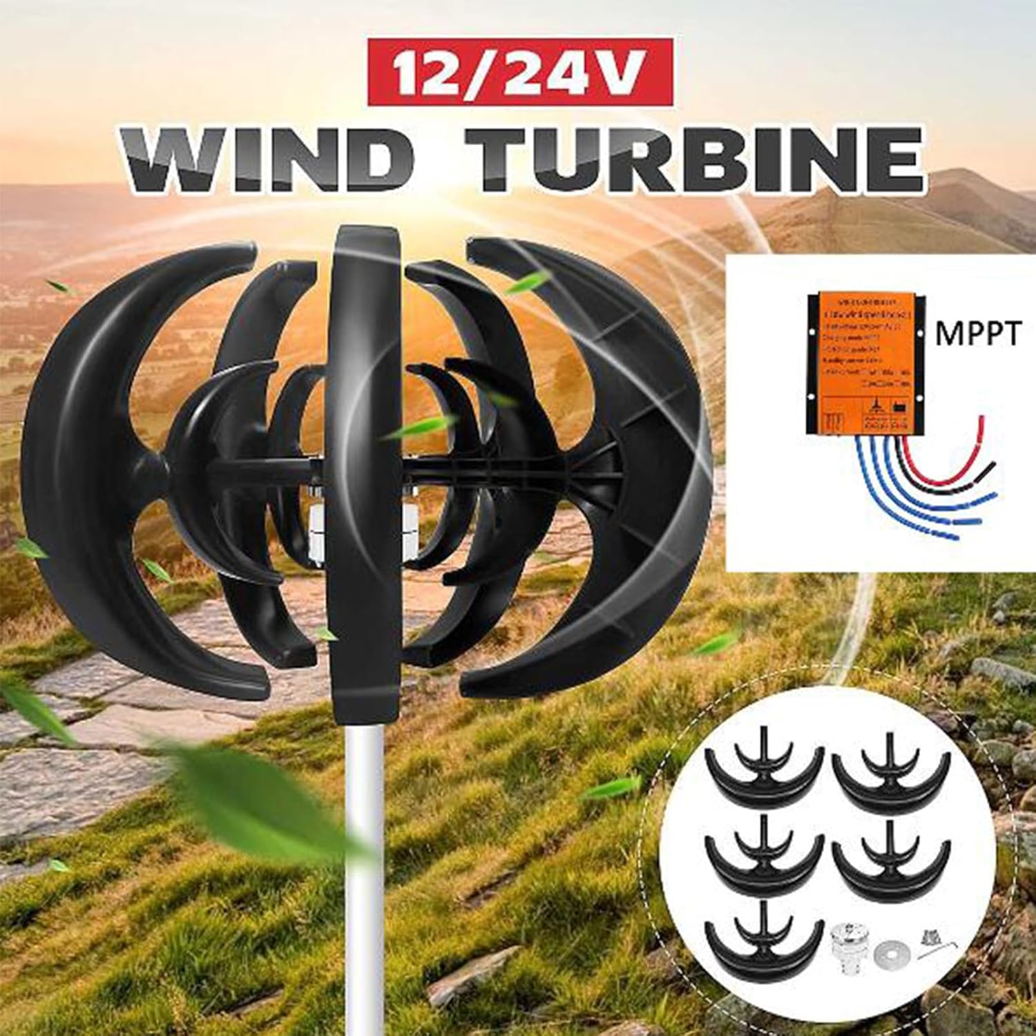 High Efficiency 5000W Vertical Wind Turbine Generator,12V/24V/48V Lantern Wind Power Turbine Generator with Controller for Home Street Lighting (Black)