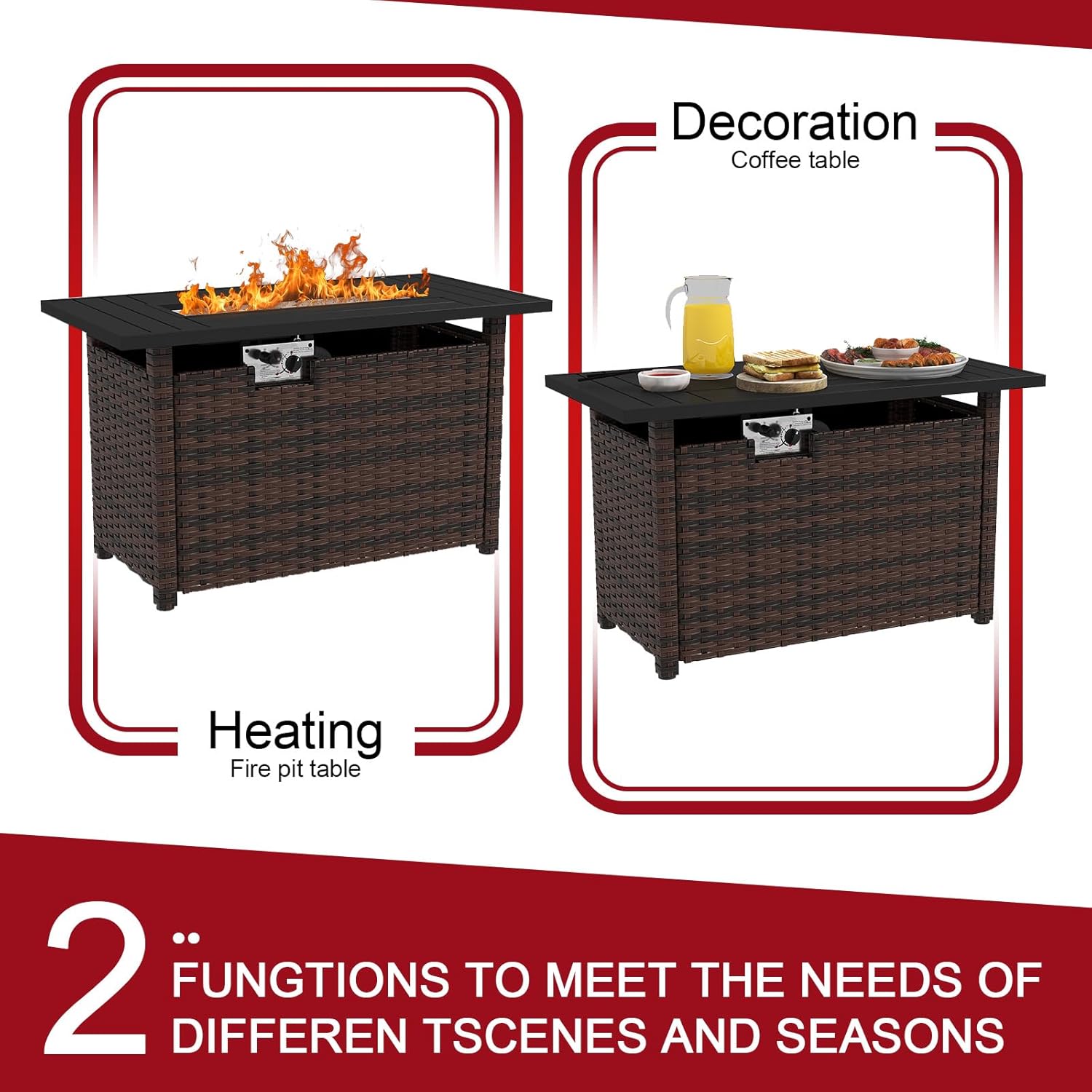 44IN Brown Wicker Gas Fire Pit Table with Side Door, Propane Powered, 50000 Btu Heat Output